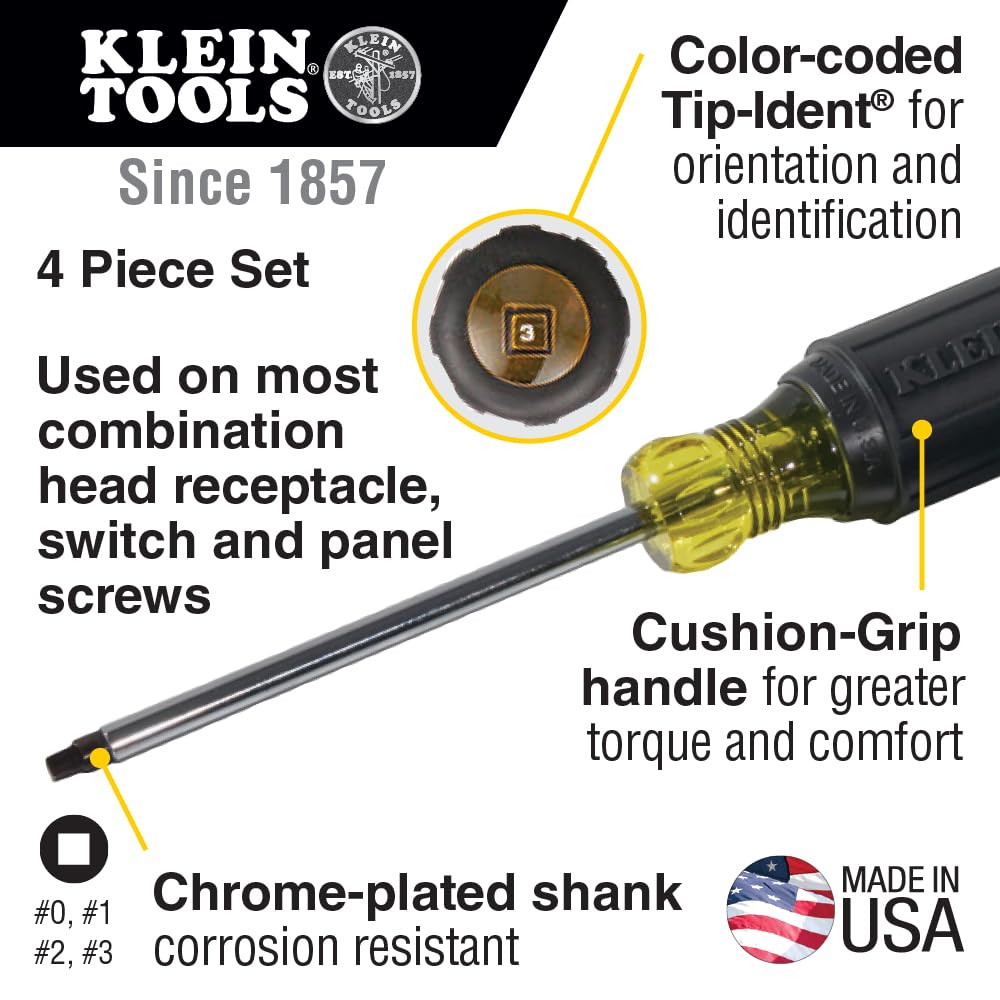 Klein Tools 85664 4-Piece Square Recess Screwdriver Set - Perfect for Electrical Work, DIY Projects & Home Repairs
