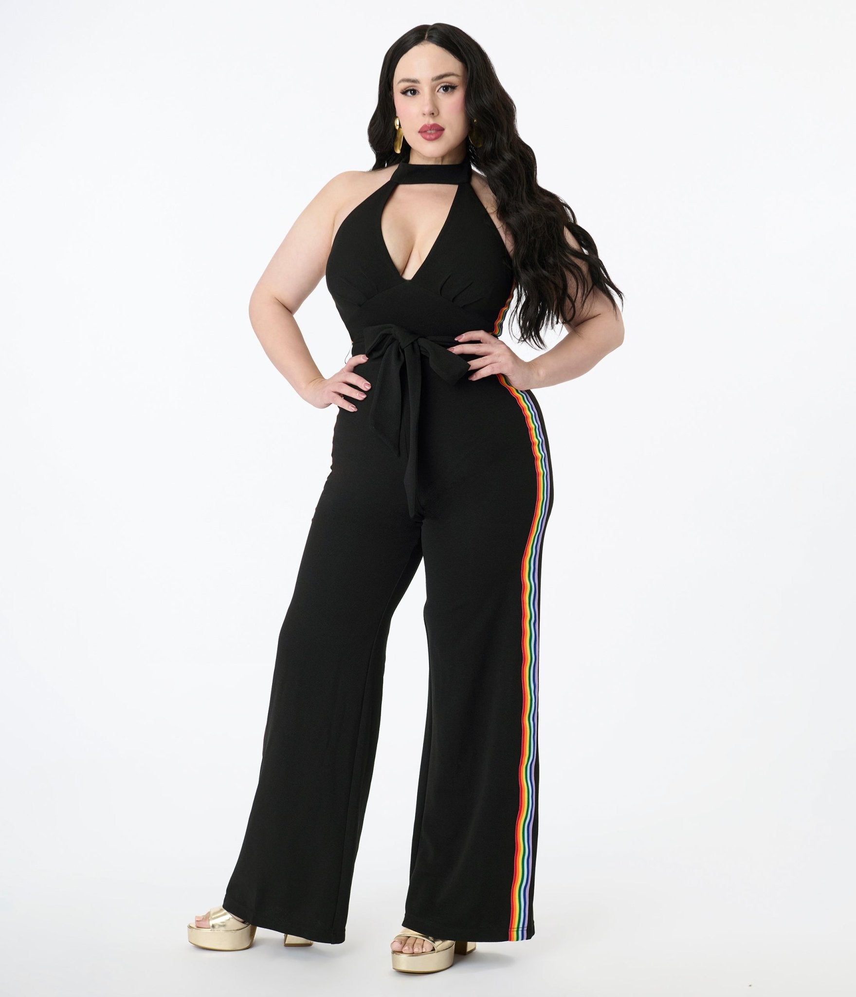 Smak Parlour Plus Size Black Rainbow Stripe Glamour Goddess Jumpsuit for Women - Trendy Party Outfit & Special Occasion Fashion
