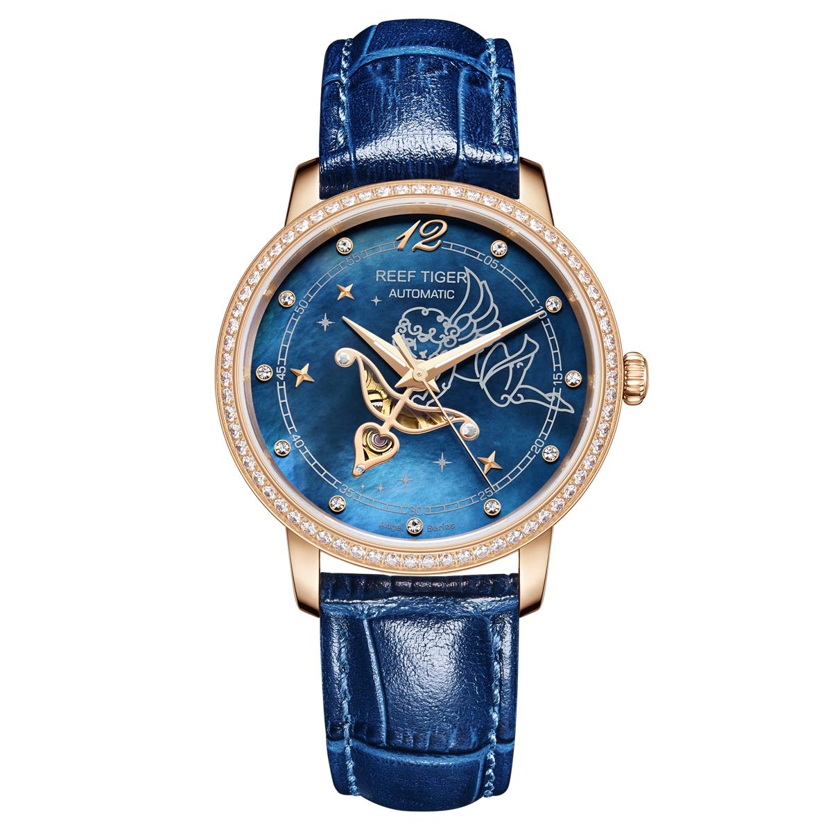 REEF TIGER Luxury Rose Gold Automatic Watch for Women - Genuine Leather Strap, Water Resistant, Elegant Dress Watch (Model RGA1550) | Perfect for Business, Party & Special Occasions