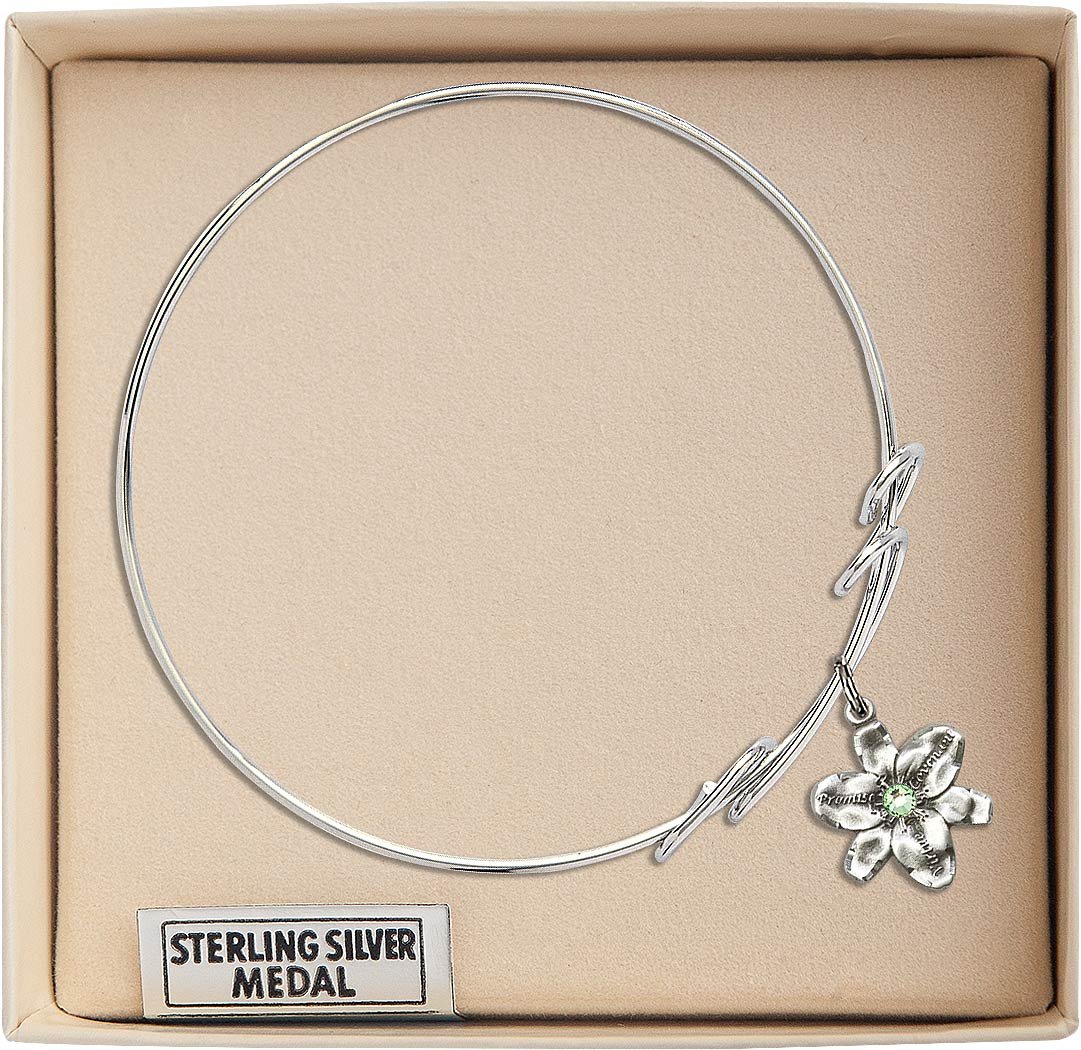 8 Inch Round Double Loop Bangle Bracelet with Chastity Medal Charm & August Green Crystal - Elegant Jewelry for Women, Perfect for Weddings, Parties, and Everyday Wear