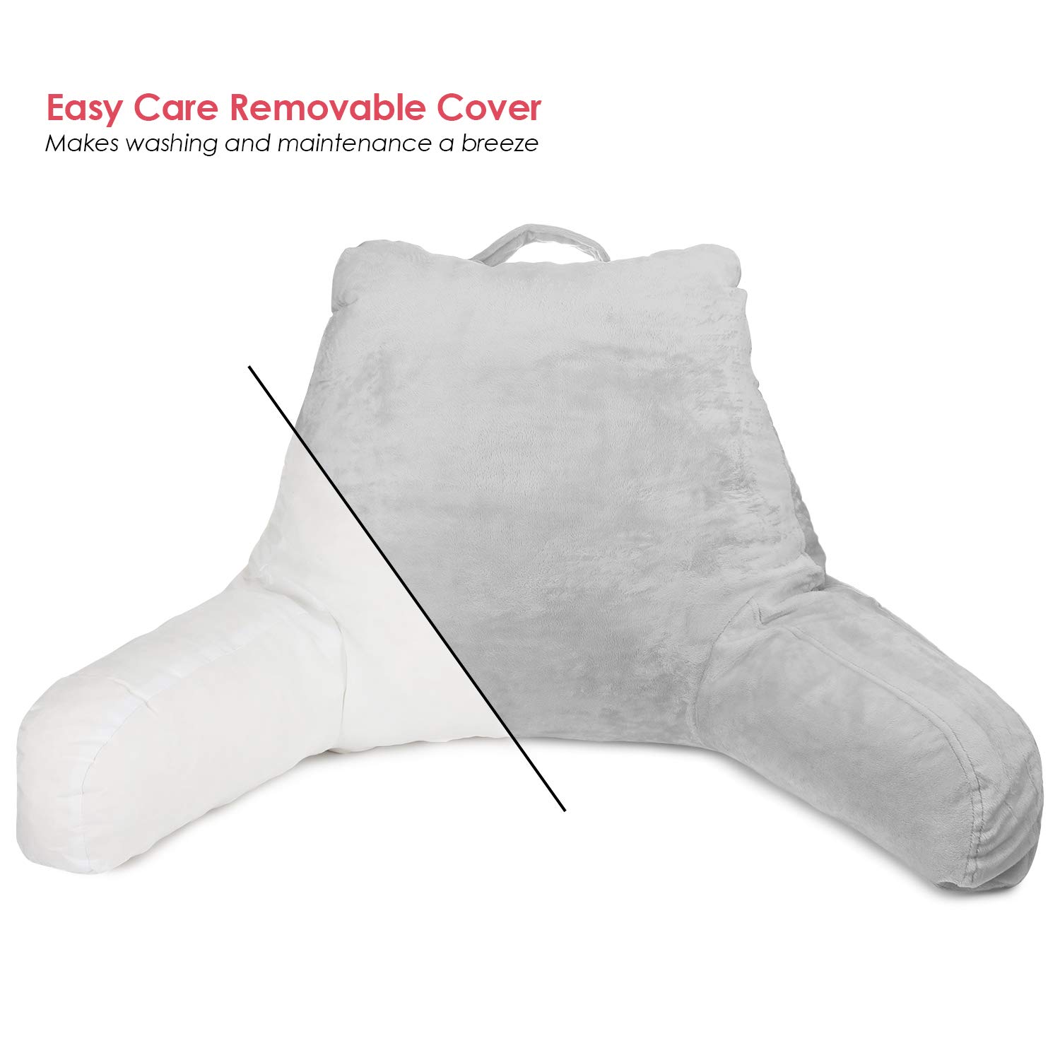 **Clara Clark Kids Reading Pillow - Memory Foam Back Support Pillow for Sitting Up in Bed, Light Grey Gaming Pillow with Arms & Pockets - Perfect for Reading, Gaming & Relaxing in Bed**