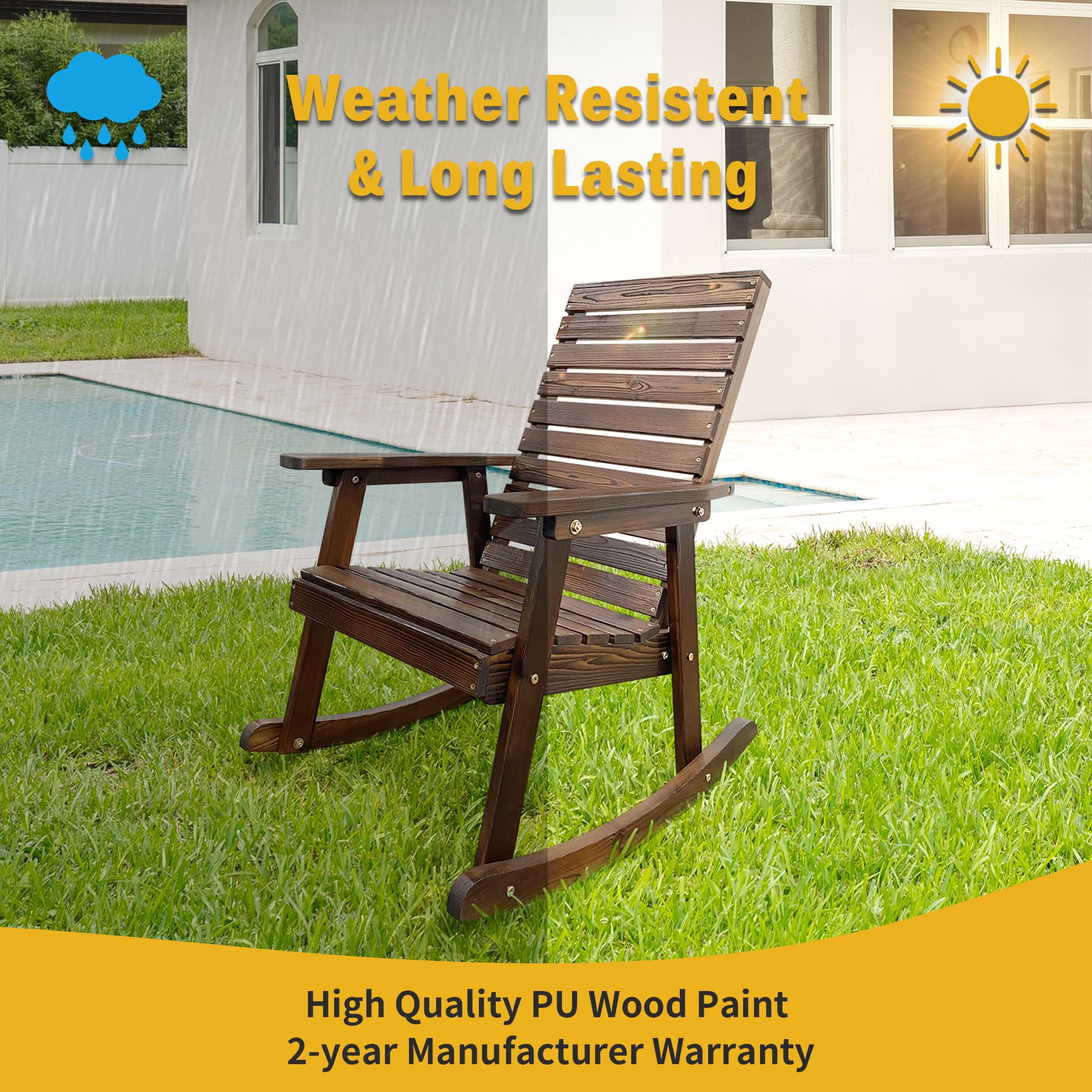 Premium Solid Fir Wood Rocking Chair with High Backrest & Contoured Seat - Heavy Duty 600 lbs Capacity - Dark Chocolate Finish - Perfect for Indoor Living Room, Outdoor Patio, Garden & Porch Relaxation