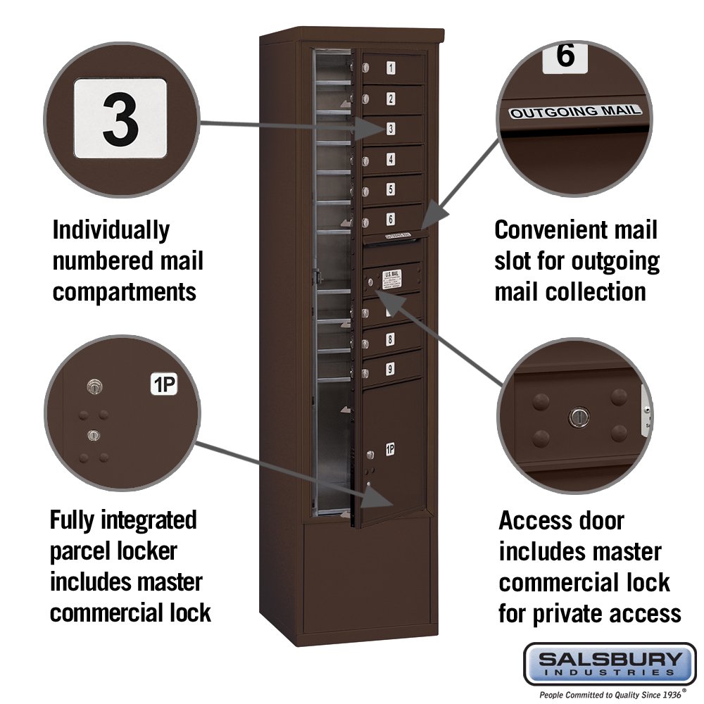 Salsbury Industries 3916S-09ZFP Free Standing Horizontal 4C Mailbox in Bronze - Durable Outdoor Mailbox for Residential & Commercial Use - Perfect for Homes, Offices & Apartment Buildings