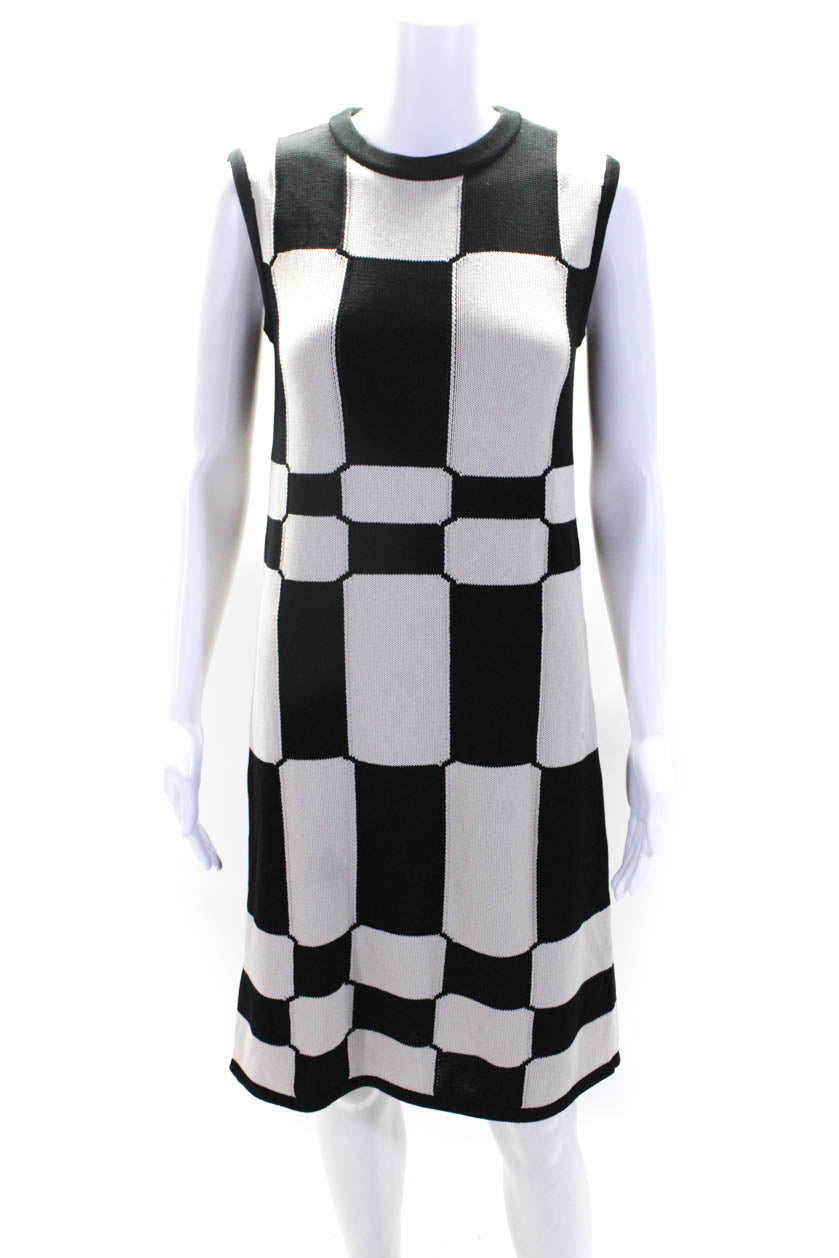 Max Mara Women's Beige & Black Checker Print Crew Neck Sleeveless Tank Dress - Elegant Summer Casual Wear for Office & Outdoor Events