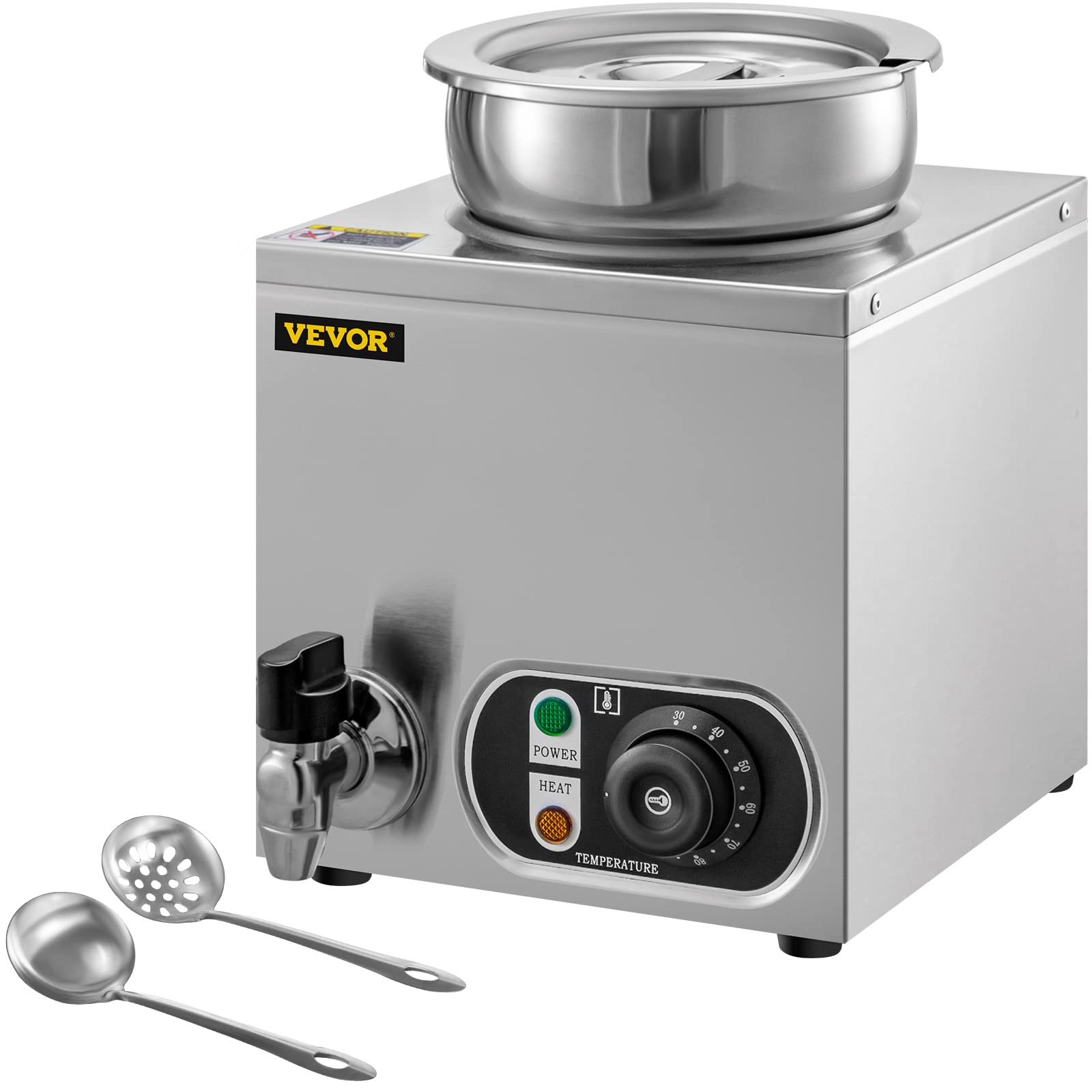 VEVOR 110V Commercial Food Warmer 4.2 Qt Capacity - 300W Electric Soup Warmer with Adjustable Temperature (86-185℉) - Stainless Steel Countertop Soup Pot with Tap - Bain Marie Food Warmer for Cheese, Hot Dogs, Rice - Perfect for Restaurants, Catering, Buffets, and Cafes