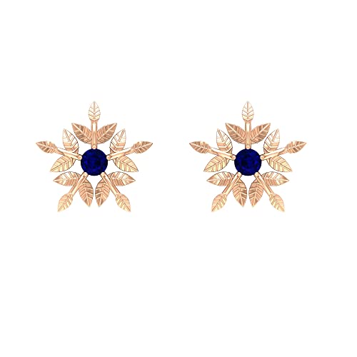 14K Solid Gold Blue Sapphire Floral Stud Earrings for Women – Elegant Engraved Flower Design for Gifts, Weddings & Special Occasions