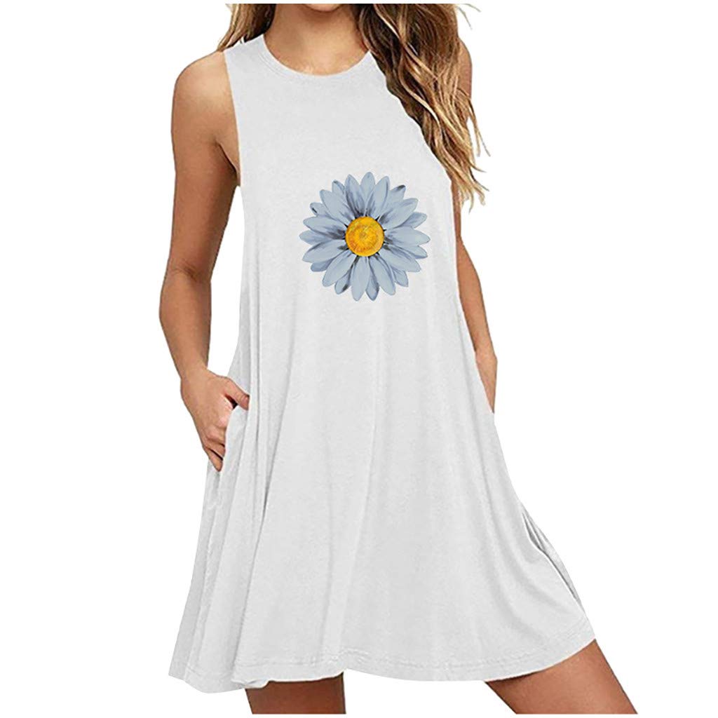 Women's Casual Daisy Print A-Line Nightdress - Sleeveless Summer Wrap Dress with Pockets | Comfortable Sleepwear & Lounge Dress for Women | Perfect for Bedtime, Vacation, and Relaxing at Home