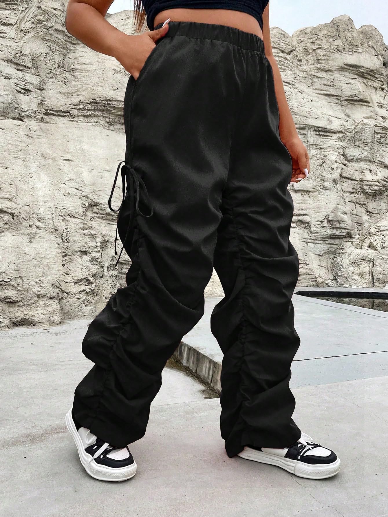 GORGLITTER Plus Size Women's High Waist Cargo Pants - Ruched Baggy Parachute Pants with Drawstring for Casual Wear & Street Fashion