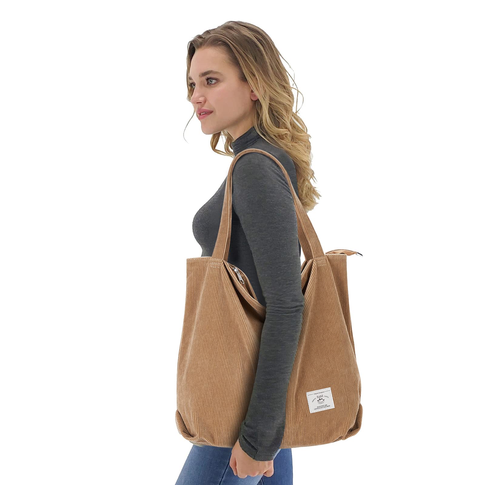 Women's Corduroy Tote Bag with Zipper - Large Capacity Casual Shoulder Bag for Work & Travel