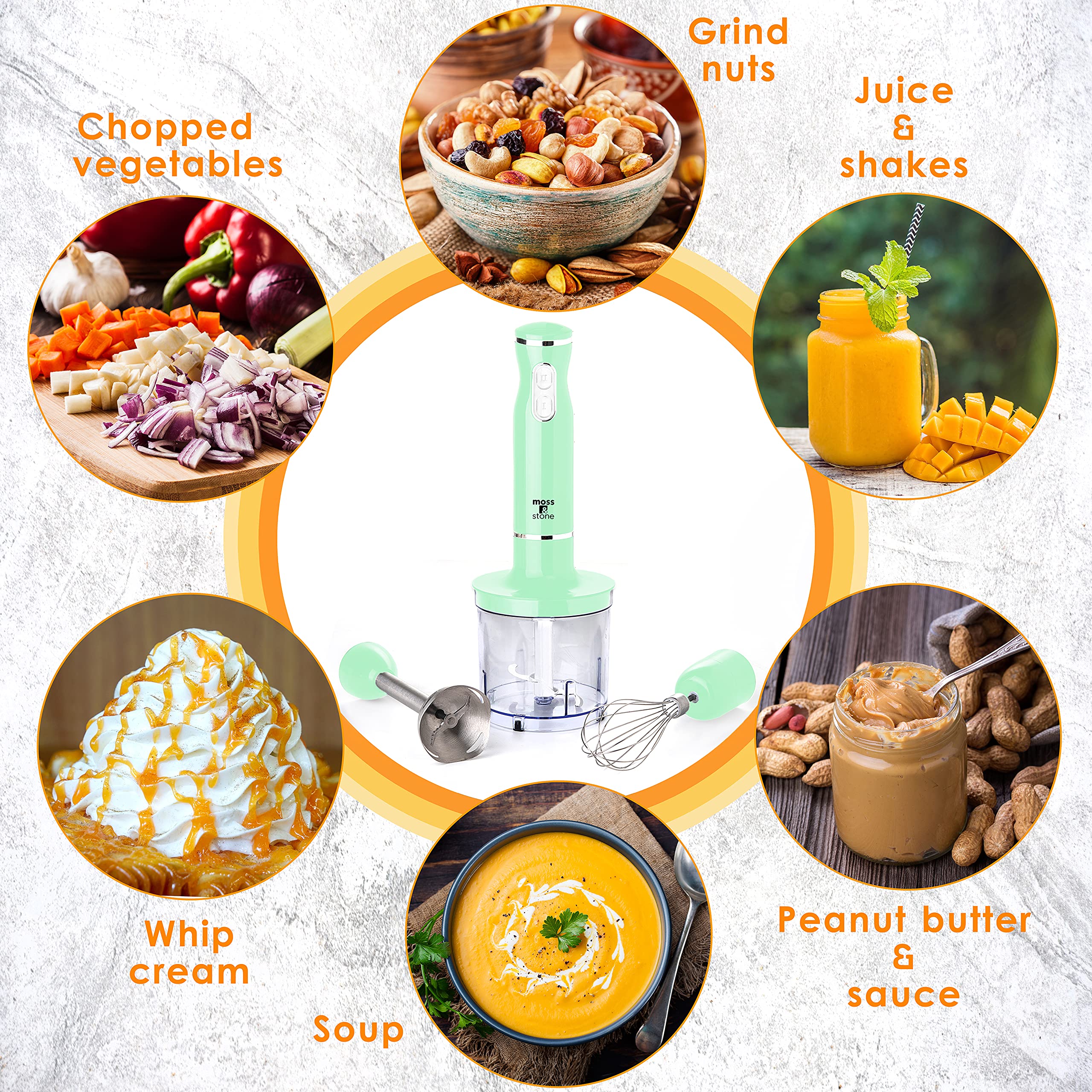**300W Electric Hand Blender with Stainless Steel Blades - Moss & Stone Stick Blender with Egg Whisk & Chopper - Powerful Hand Mixer for Smoothies, Soups & Baking - Ergonomic Handle for Easy Use**