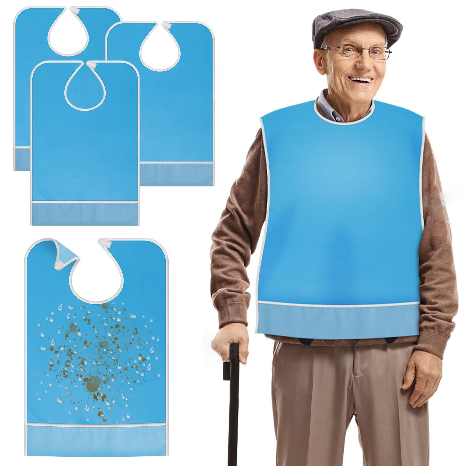 3 Pack Waterproof Adult Bibs for Elderly - Oilproof & Crumb Catcher Feeding Bibs for Men & Women - Reusable Washable Senior Dining Bibs - Perfect for Mealtime, Nursing Homes & Assisted Living (Blue)