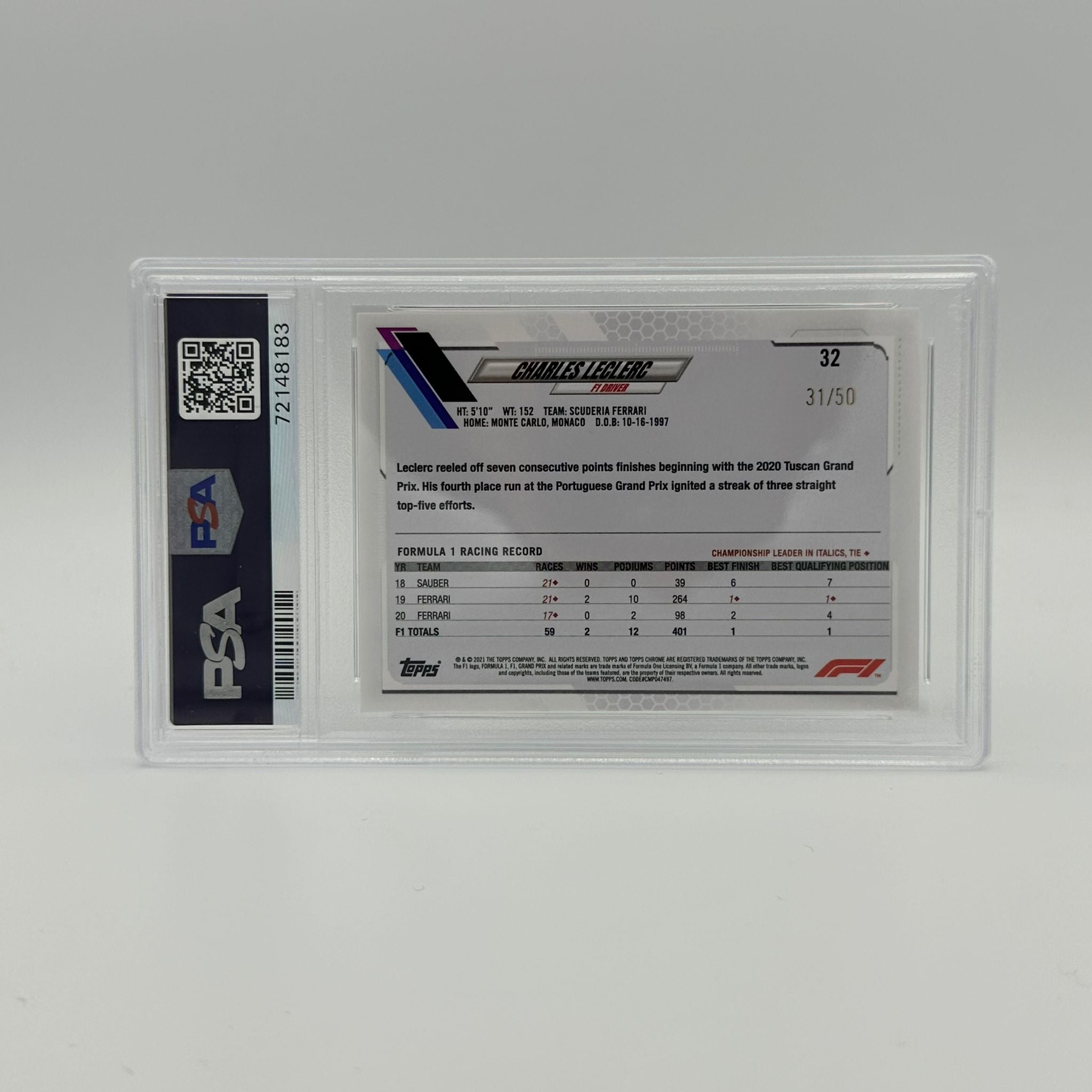 PSA 10 Graded 31/50 Charles Leclerc F1 Driver #32 Trading Card - Perfect for F1 Collectors, Sports Memorabilia Enthusiasts, and Racing Fans Display