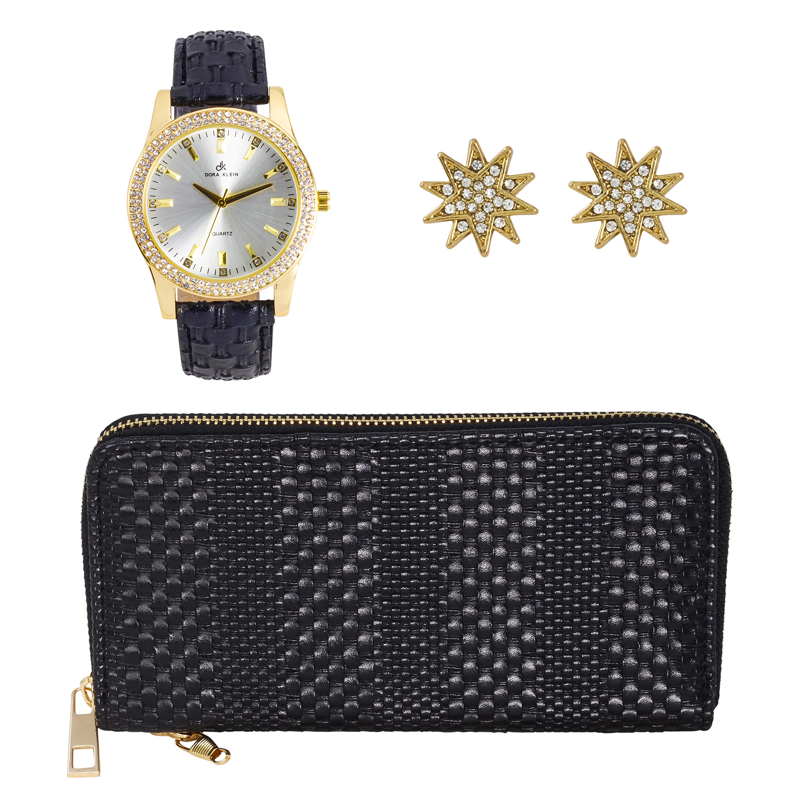 Gino Milano Women's Fashion Watch Set with Genuine Leather Band & Diamond Dial - Matching Faux Leather Wallet & Floral Stud Earrings - Elegant Gift for Birthday, Anniversary, Mother's Day | Perfect for Office Wear, Date Nights, Weddings, Business Meetings & Cocktail Parties | Stylish Accessories for Professional Women | Ideal for Everyday Use, Evening Events & Special Occasions | Great for Work, Formal Gatherings & Gift Giving