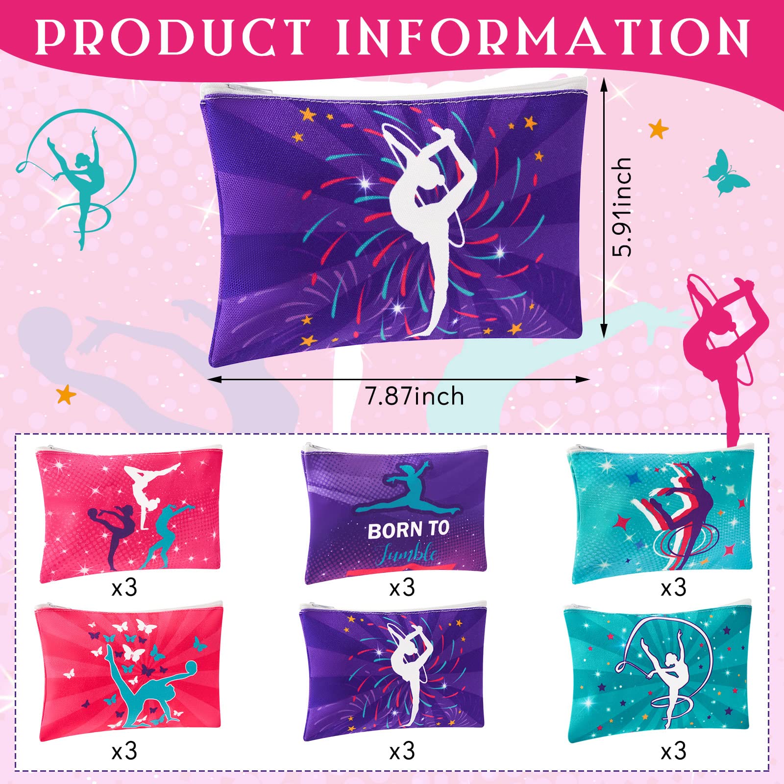 Hillban 18-Piece Gymnastics Gift Set for Women - Zippered Hot Pink Makeup Bags & Toiletry Pouches - Perfect for Gymnastics Team, Birthday Parties & Travel Accessories