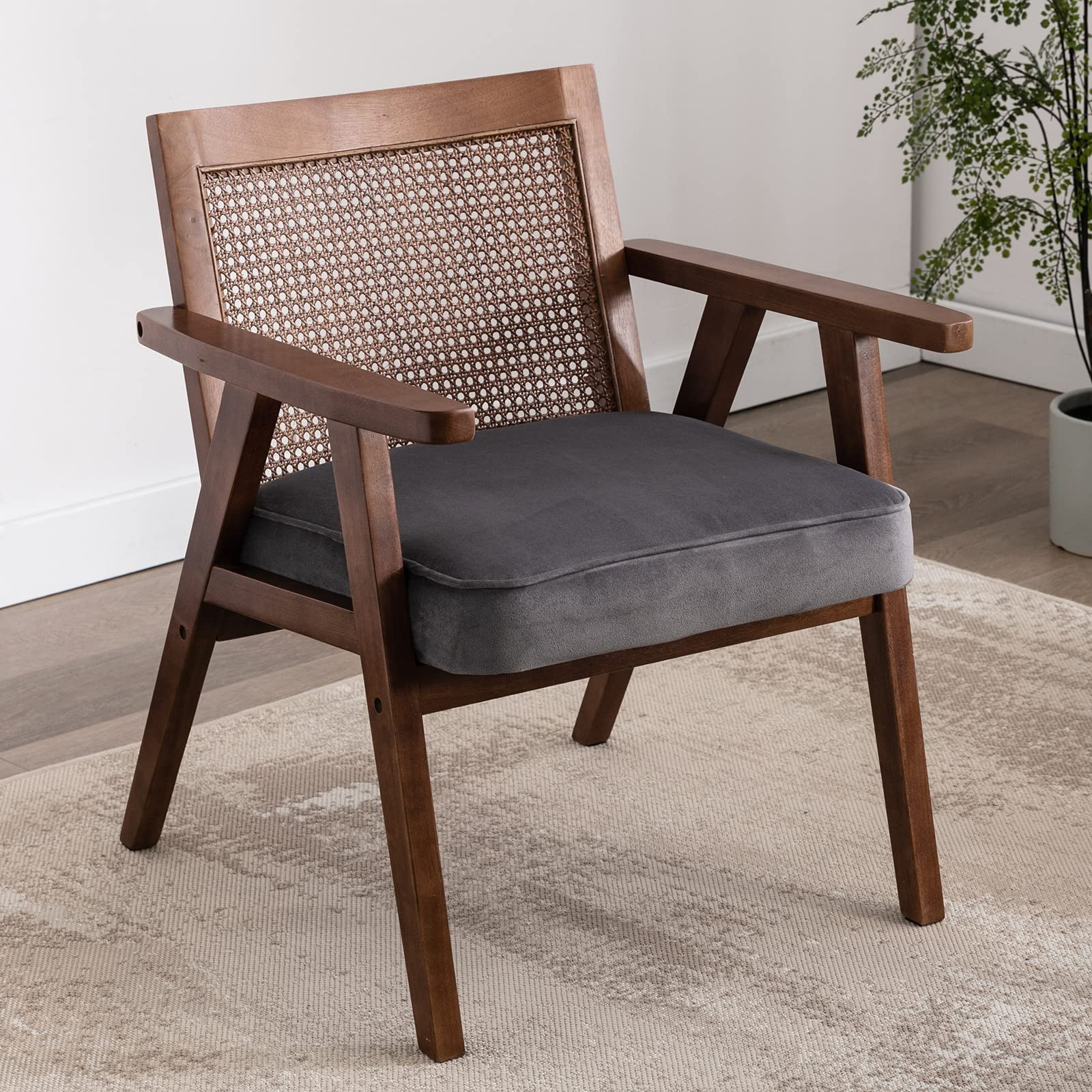 ZhengHao Mid Century Modern Accent Chair - Upholstered Chenille Lounge Armchair with Rattan Back, Single Side Chair for Living Room, Bedroom, Office & Reading Nook - Dark Grey | Perfect for Small Spaces, Home Decor & Cozy Seating