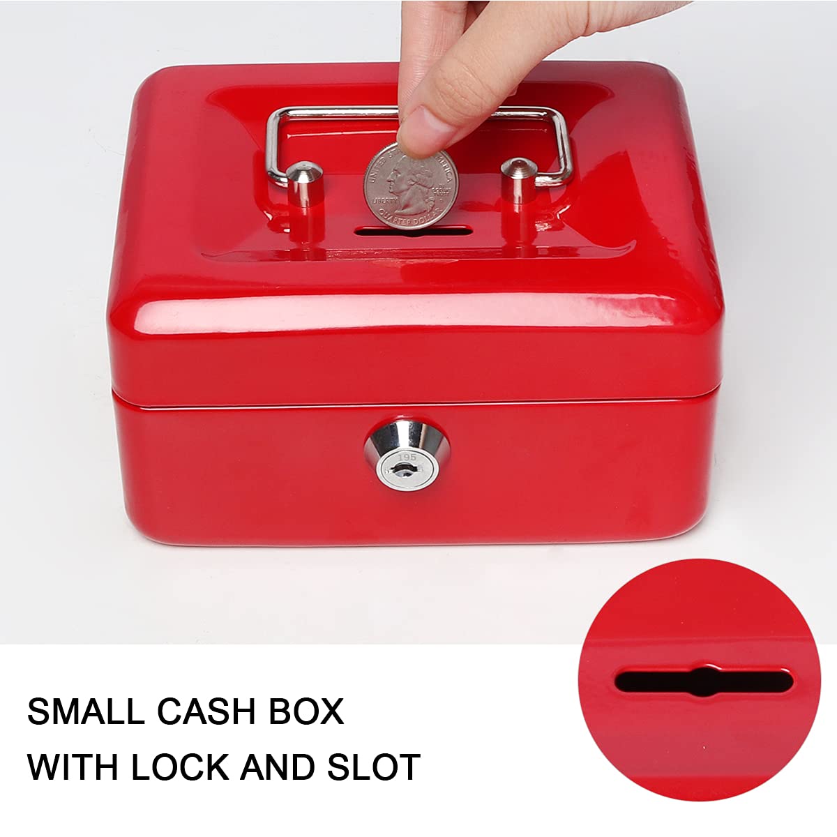 Jssmst Small Locking Cash Box with Money Tray - Secure Money Storage Box for Kids & Home Use - Top Slot Deposit - 5.91 x 4.72 x 2.95 Inch Red Lock Box (CB003-R) - Perfect for Piggy Bank, Allowance Savings, Home Office & Retail Cash Management