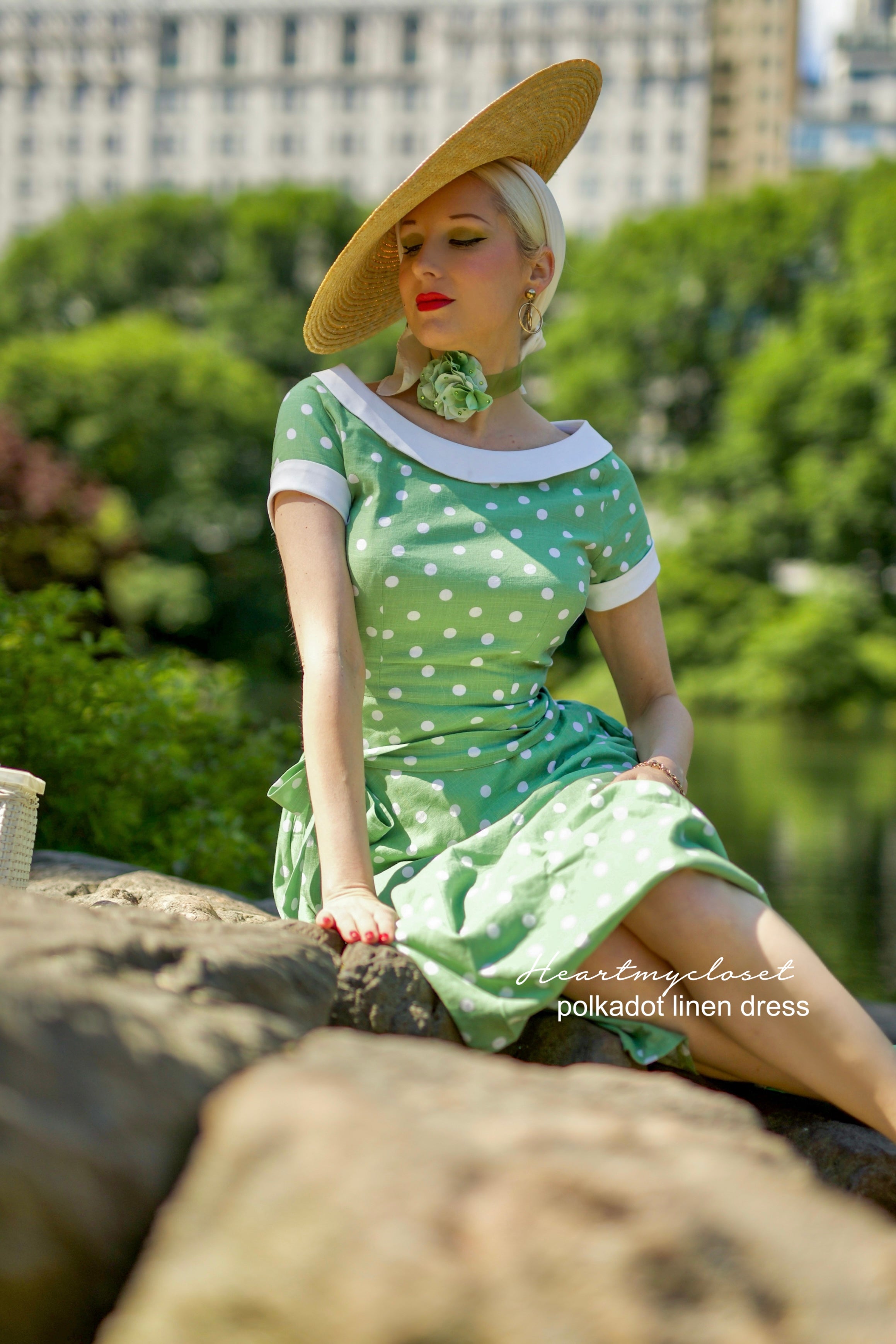 Vintage 1950s Inspired Polka Dot Green Linen Swing Dress - Retro Tea Dress for Women, Perfect for Garden Parties, Date Nights & Summer Outfits