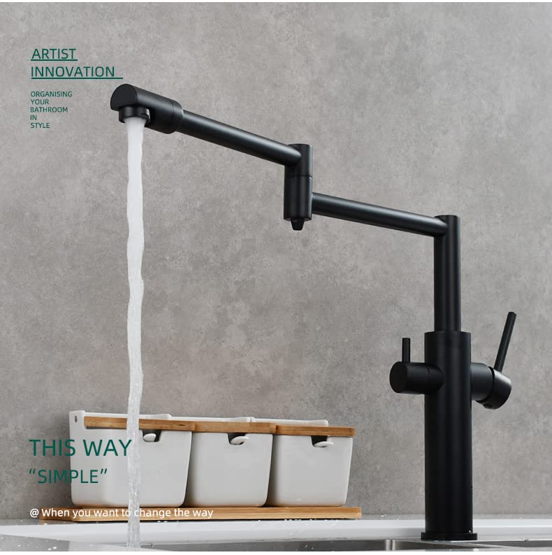 **Dual-Purpose Solid Brass Deck Mounted Double Outlet Folding Faucet - Hot & Cold Water Mixing, Double Switch, Foldable Kitchen Sink Faucet in Matte Black (Short Style) - Perfect for Small Kitchens, RVs & Outdoor Sinks**