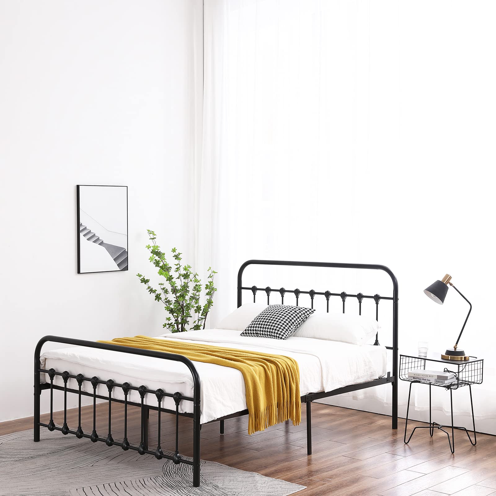 Queen Size Metal Platform Bed Frame with Headboard & Footboard - Sturdy Iron-Art Design, No Box Spring Needed, Noise-Free Support with Under Bed Storage - Perfect for Master Bedroom, Guest Room or Small Space (Black)