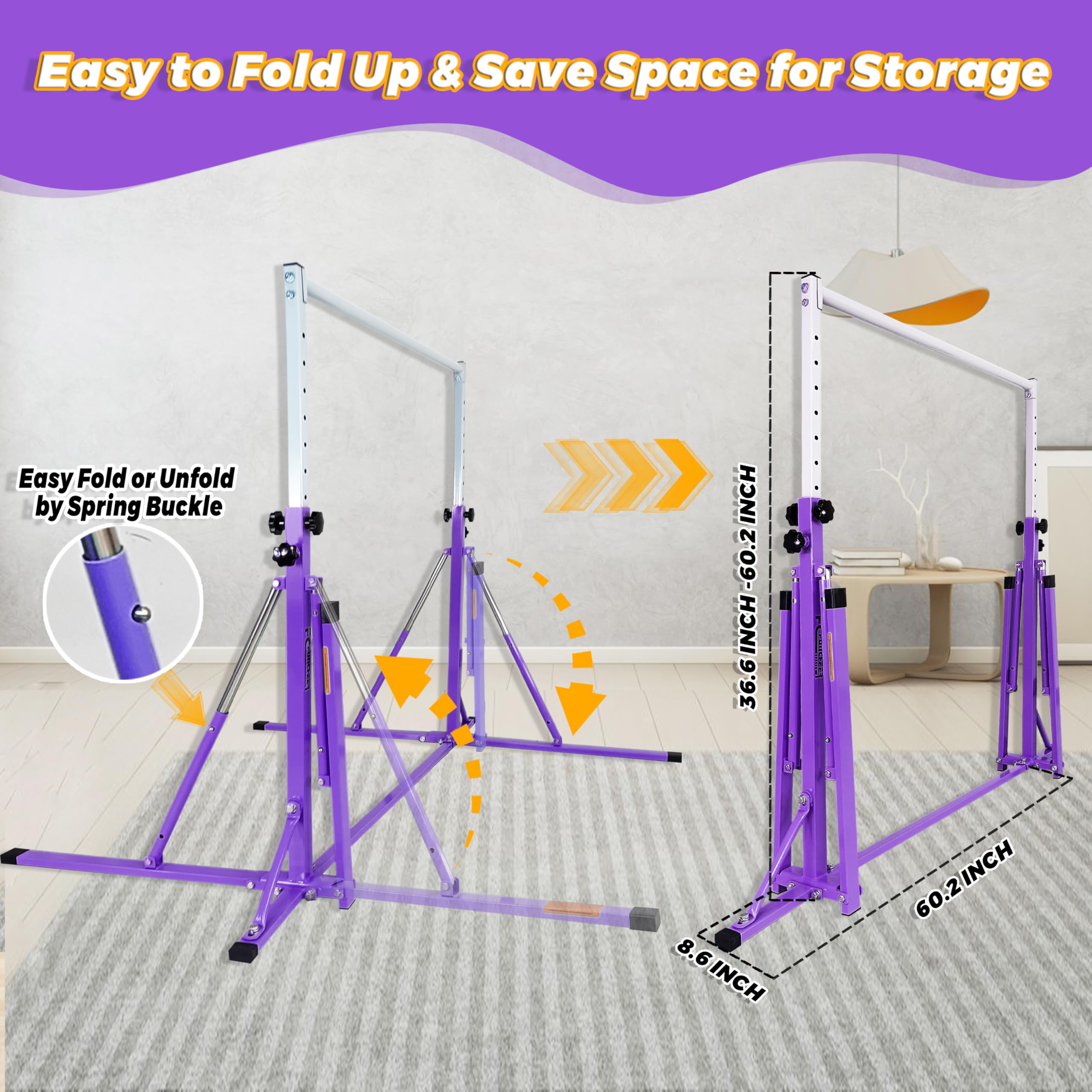 Foldable Gymnastics Bar for Kids - 5FT Adjustable Horizontal Training Bar with Triangle Stable Structure - Home Gym Equipment for Ages 3-15 - Perfect for Indoor Gymnastics Practice, Strength Training & Playroom Activities