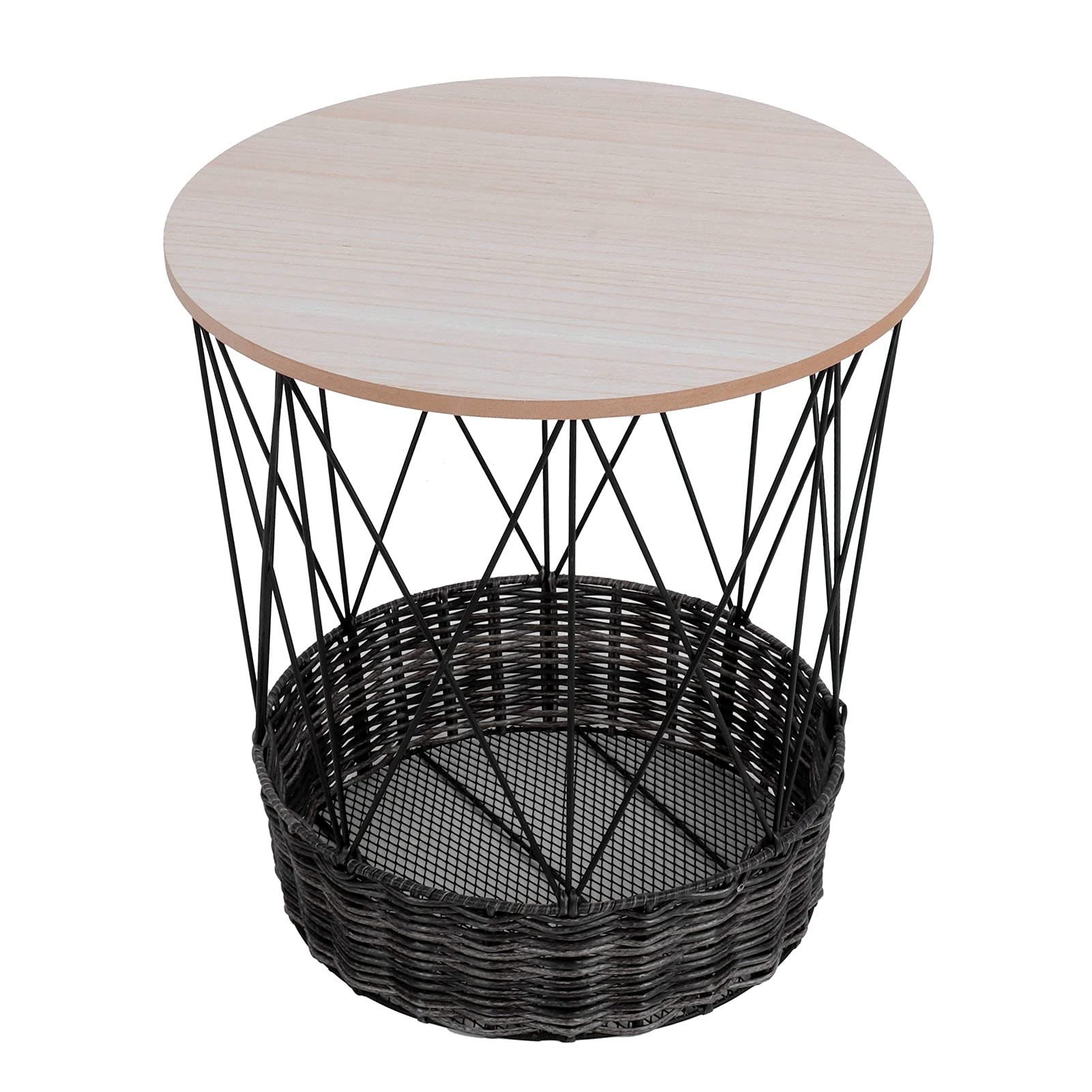 Industrial Round Side Table with Storage Basket - Wooden Accent End Table, Nightstand & Coffee Table with Metal Frame for Living Room, Bedroom & Small Spaces - Perfect for Reading Nook, Dorm Decor & Apartment Essentials