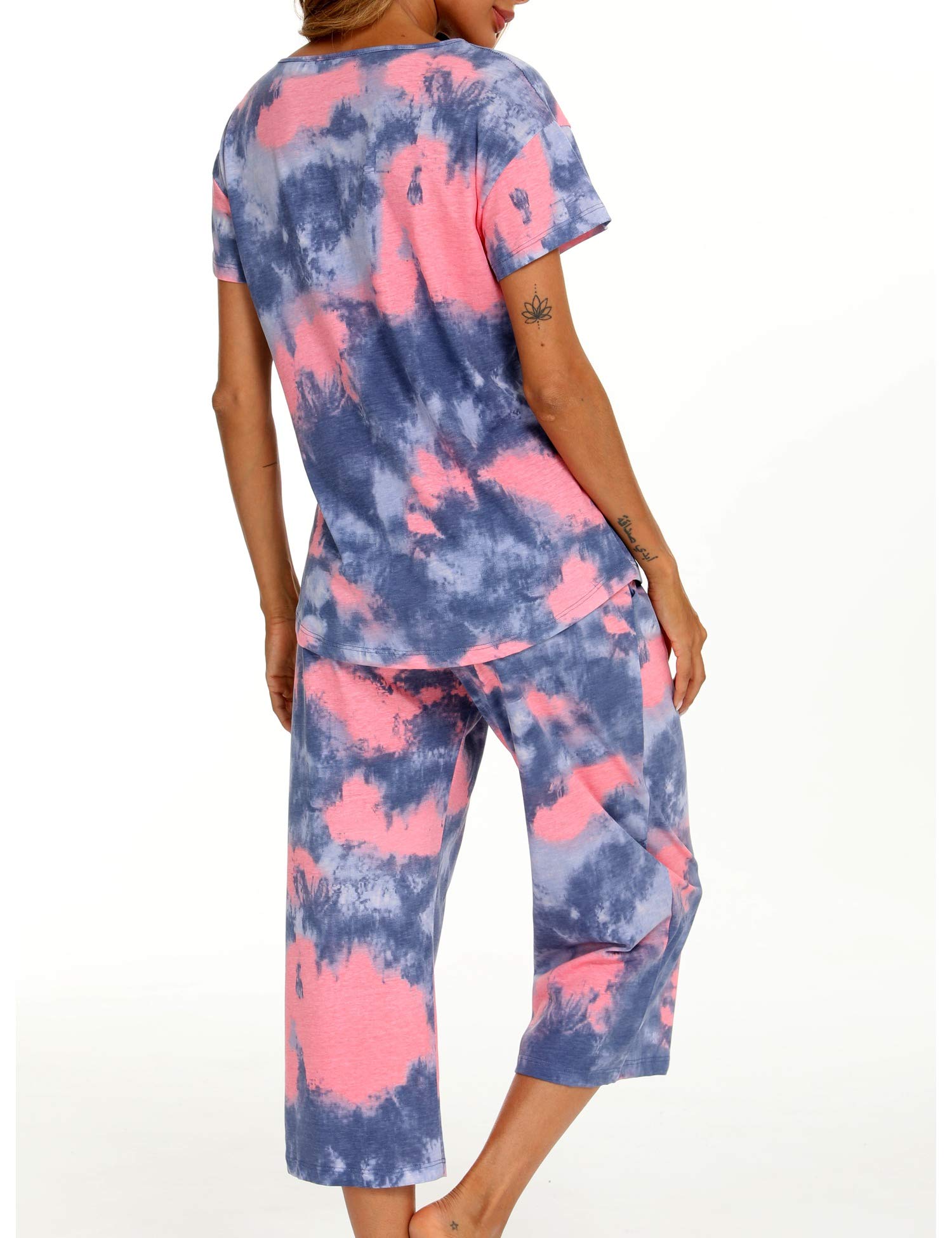 ENJOYNIGHT Women's Cotton Pajama Set - Soft Short Sleeve Top & Cropped Pants Lounge Wear for Sleep, Relaxing at Home or Travel | Comfortable Nightwear Outfit