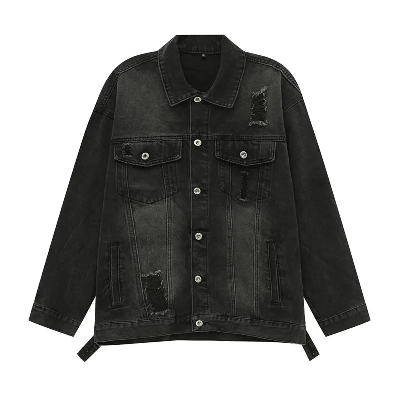 Men's Distressed Denim Jacket - American Style Faded Contrast Color Turn-Down Collar Coat | Trendy Fall Outerwear for Casual Wear & Street Style