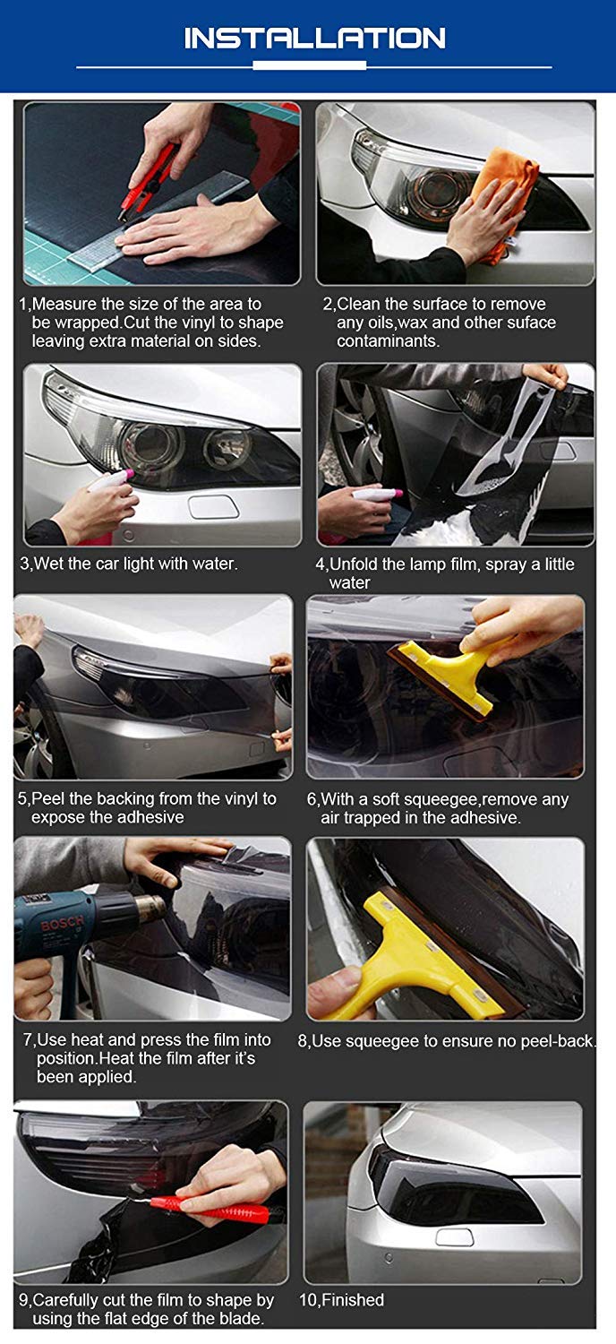 KOMAS 12” X 48” Matte Black Tint Vinyl Film Roll for Car Headlights, Tail Lights & Fog Lights - Includes Squeegee & Cutter - DIY Car Window Tinting, Light Protection & Style Upgrade