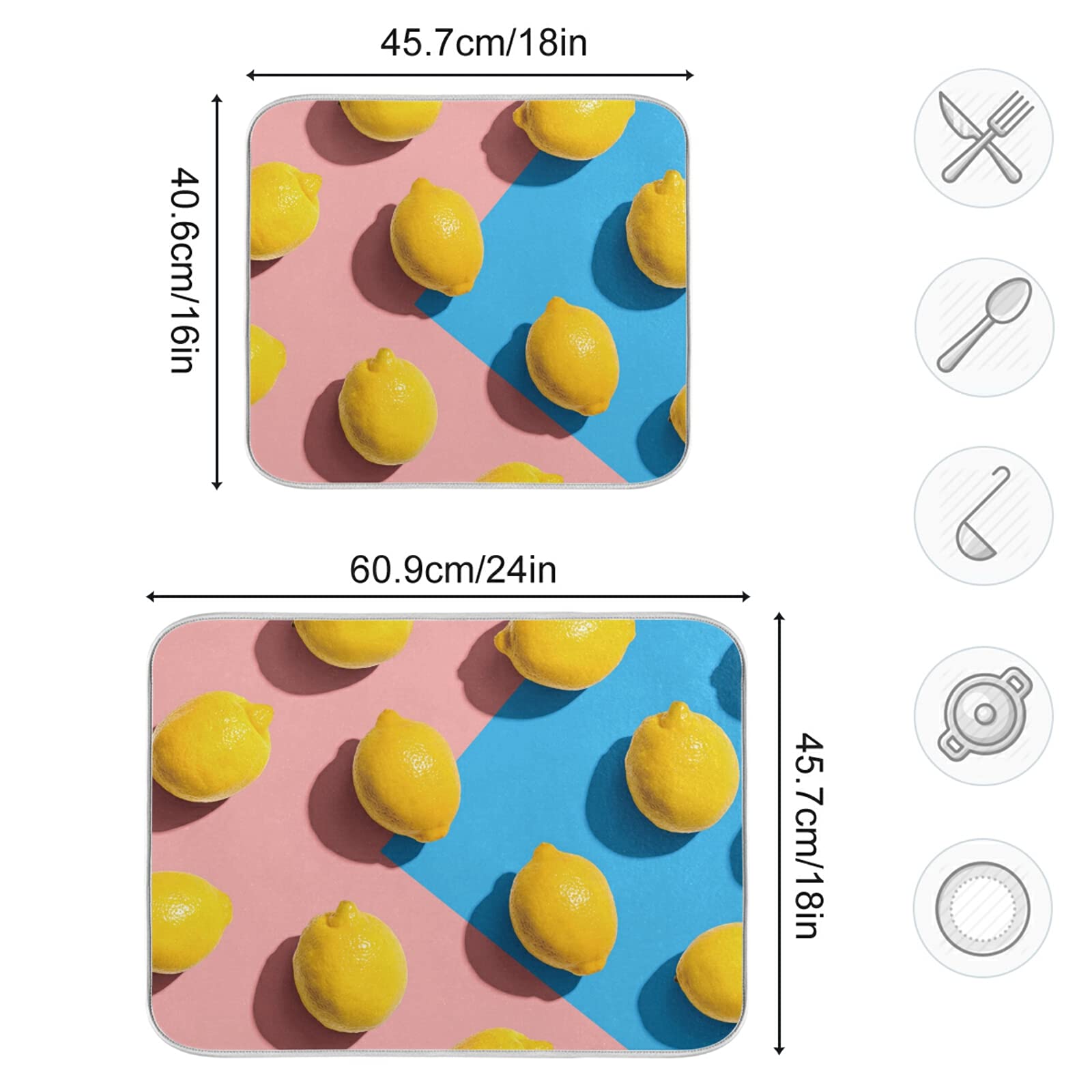 3D Lemon Fruit Kitchen Dish Drying Mat - 16x18 Inch Microfiber Reversible Drainer Rack Pad | Heat-Resistant, Washable Countertop Mat for Dishes, Cups & Utensils | Perfect for Kitchen Sink, Countertop & Dish Drainer Organization