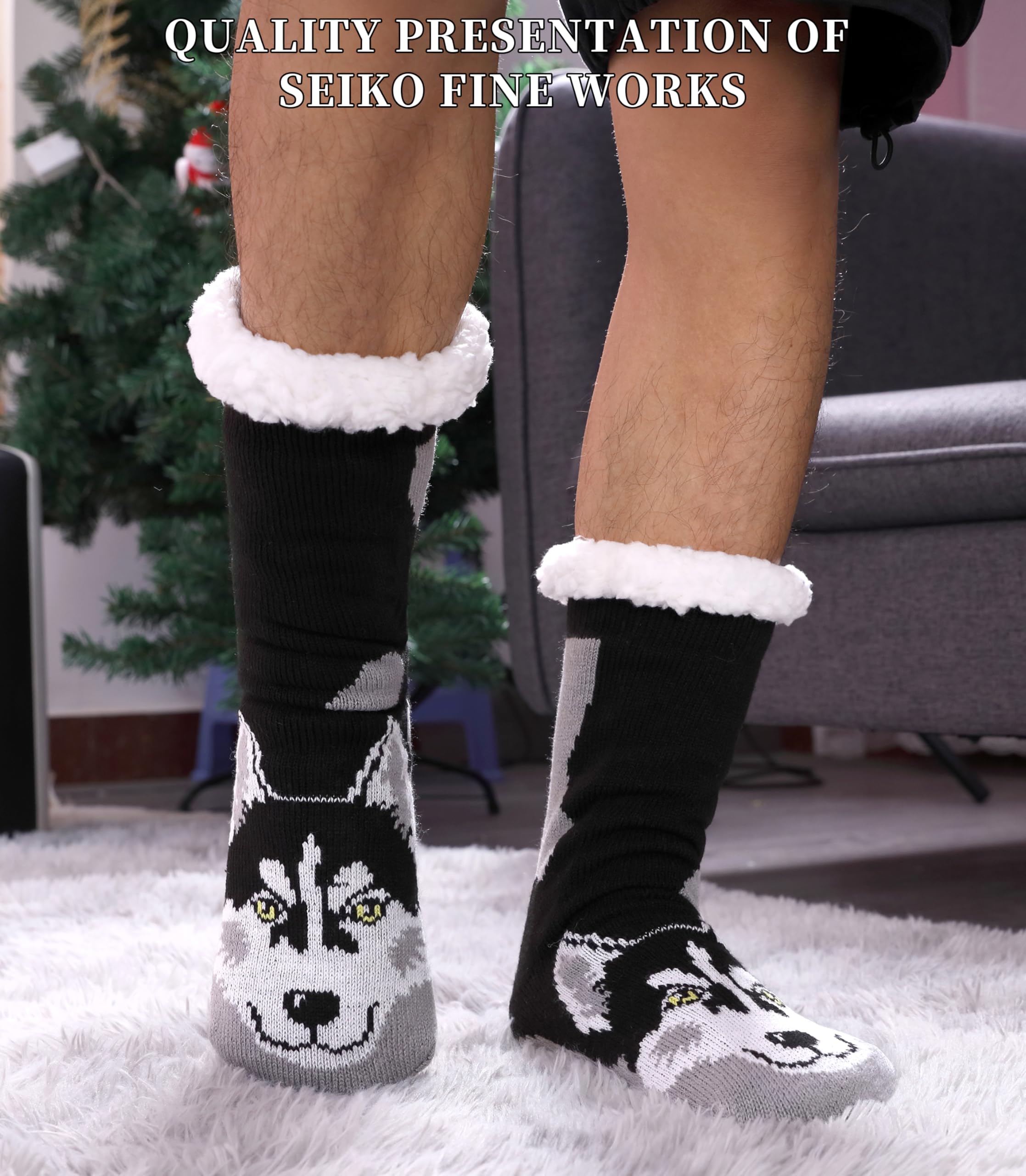 Men's Non-Slip Fuzzy Slipper Socks - Warm Winter Gripper Socks with Anti-Skid Dots for Indoor Home & Lounge Wear - Cozy Thick Fleece-Lined House Socks for Relaxing, Sleeping & Cold Weather Comfort