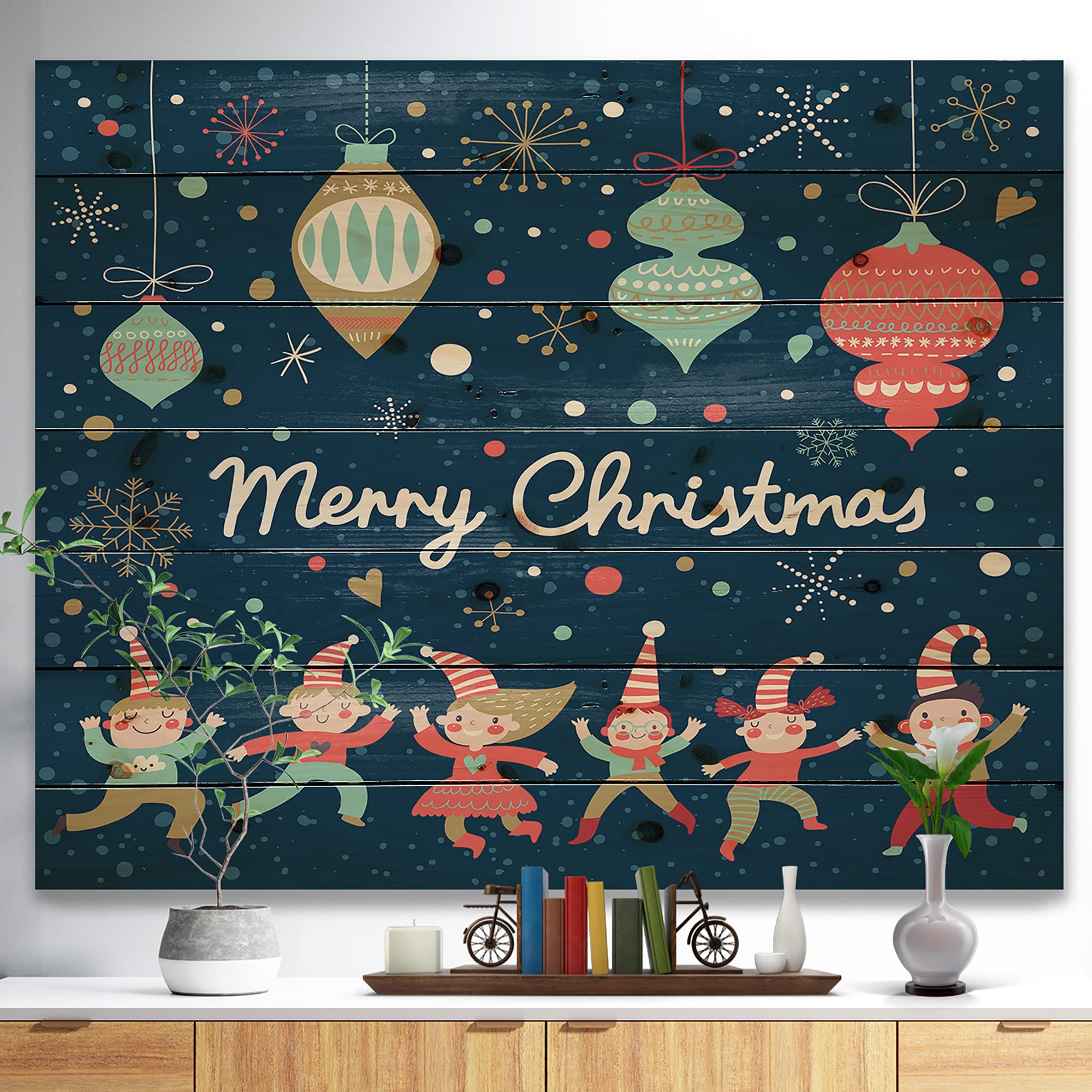 Modern Blue Christmas Dancing Elf & Snowflakes Wood Wall Art - Large Abstract Pine Wood Panel Decor for Kids Room, Living Room & Holiday Home Decoration