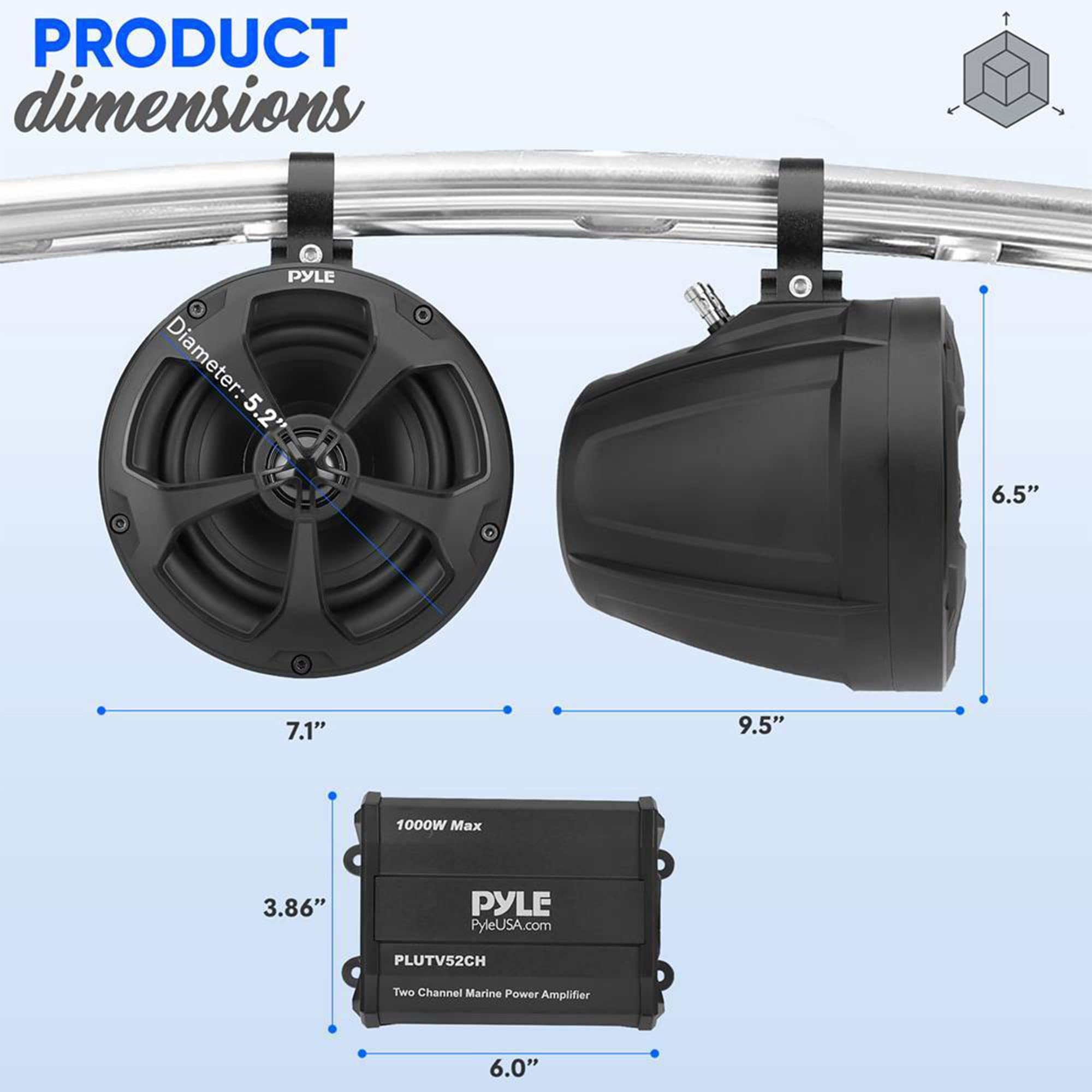 Pyle PLUTV52CH 1000W 5.25 Inch Waterproof Marine Speakers with Built-in Amplifier - 2-Channel Off-Road Audio System for ATV, UTV, Jeep, Boat & Wakeboard Towers - Durable Outdoor Stereo Speakers for Beach Parties, Poolside Lounging & Off-Grid Adventures