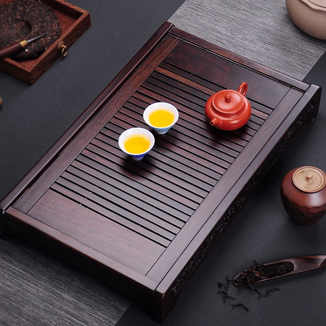 Premium Wooden Tea Tray with Drainage - 52x38cm Bamboo Tea Table for Chinese Gongfu Tea Ceremony, Home Office & Teahouse Use - Perfect for Serving Tea, Coffee & Snacks