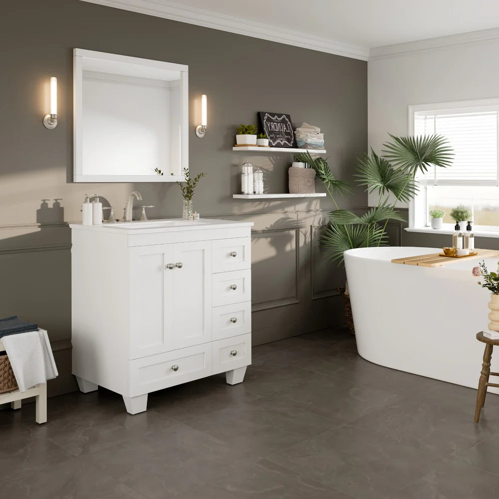 Eviva Acclaim 30 Inch Bathroom Vanity with Carrara Quartz Countertop - Modern White Bathroom Sink Cabinet for Small Spaces, Perfect for Powder Rooms and Guest Bathrooms