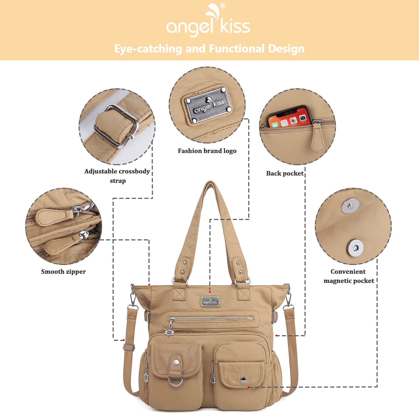 Angelkiss Women's PU Leather Tote Shoulder Bag with Pockets - Stylish Satchel Handbag for Work, Travel & Everyday Use