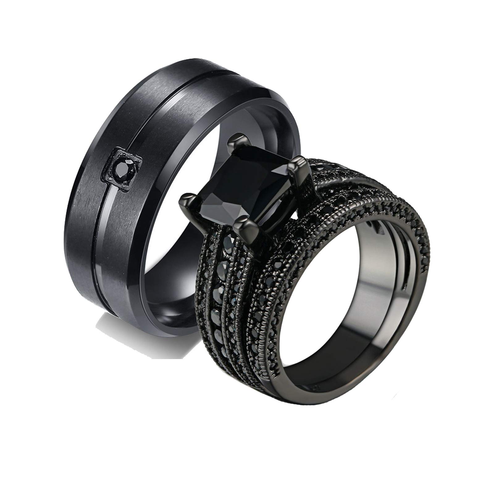 KnSam Wedding Ring Sets for Couples - His & Hers Brushed Stainless Steel Bands with Princess Cut Cubic Zirconia, Sizes 5-12 | Perfect for Anniversaries, Engagements & Romantic Gifts