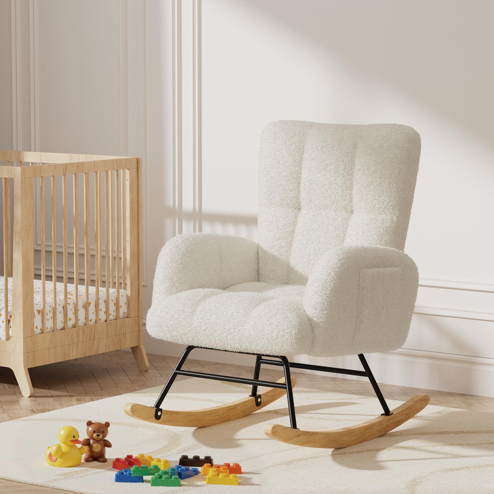 LUCKLIFE White Teddy Upholstered Glider Rocker Chair - High Backrest Nursery Rocking Chair with Side Pockets, Modern Accent Reading Chair for Living Room, Bedroom, Nursery (Without Ottoman) | Perfect for Nursing, Relaxing & Baby Room Decor