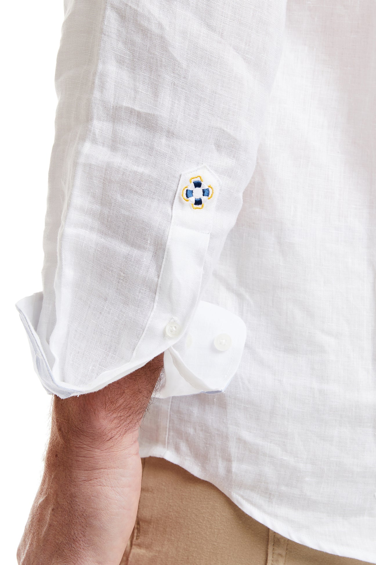 Premium White Linen Chase Shirt with Powder Blue Trim & USA Flag - Comfortable & Stylish Casual Wear for Men, Perfect for Summer Outings, Beach Trips, and Patriotic Events