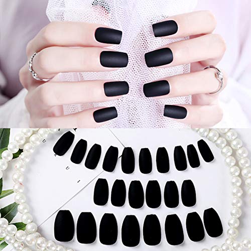 24pcs Square Matte Black False Nails - Medium Long Artificial Nails with Full Cover Tips, Easy to Remove, Solid Color Manicure for Women | Perfect for Parties, Weddings, and Daily Nail Art Designs