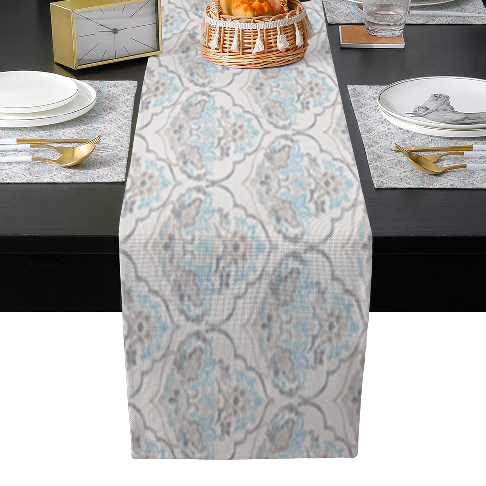 European Style Heat-Resistant Table Runner with 4 Matching Placemats - 16x72 Inch Non-Slip Washable Floral Table Decor for Dining Room, Kitchen, and Party Settings - Traditional Retro Design for Family Gatherings & Holiday Celebrations