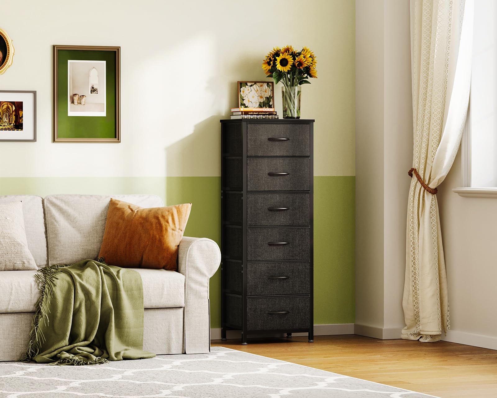 AODK 6-Drawer Tall Dresser for Bedroom - Fabric Storage Organizer with Wood Top & Steel Frame - Black Chest of Drawers for Closet, Living Room, Entryway, Hallway | Perfect for Small Space Organization & Home Decor