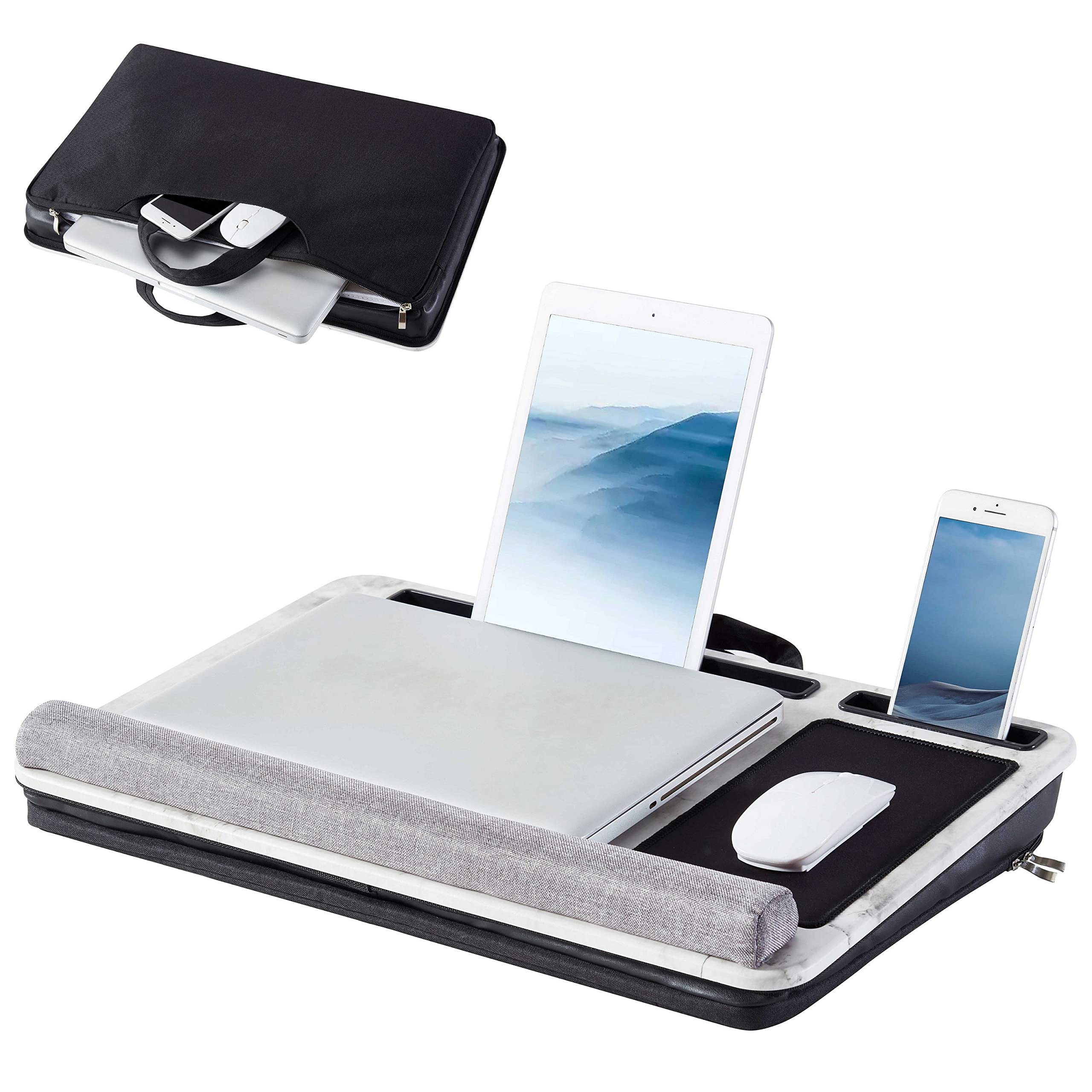 Ergonomic Laptop Lap Desk with Cushion & Wrist Support - Portable Bed Desk with Built-in Mouse Pad & Media Slots - Includes Laptop Bag (Marble Design) for Home, Office, Travel & Study Use