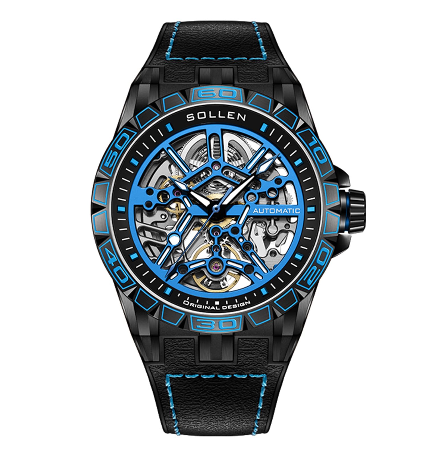 SOLLEN Men's Skeleton Automatic Watch - 43mm Stainless Steel Case, Sapphire Crystal, Genuine Leather Strap - 5ATM Water Resistant (50m) - Fashionable Dress & Casual Watch for Business, Parties & Everyday Wear