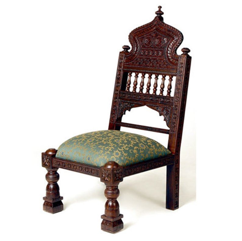 Hand Carved Wooden Low Height Brown Chair with Cushion - Rustic Boho Style Accent Seating for Living Room, Bedroom or Patio