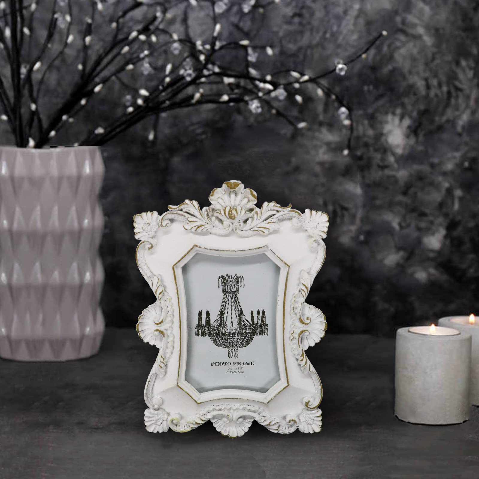 Vintage 2.5x3.5 Photo Frame - Antique White Picture Frame with HD Glass for Wall & Tabletop Display