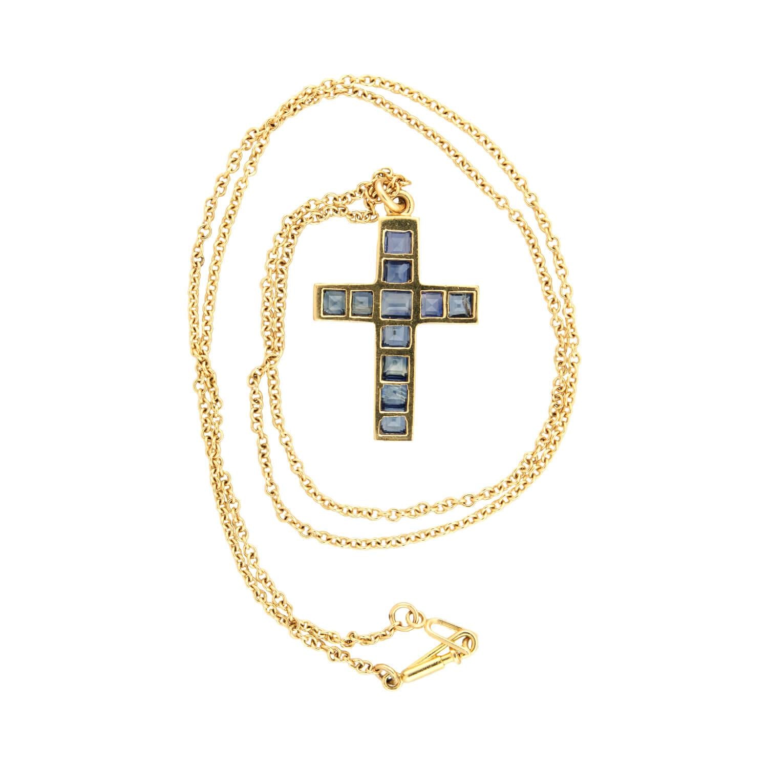 Antique Late Victorian 18K Gold Sapphire Cross Pendant Necklace - Elegant Religious Jewelry for Women, Perfect for Weddings, Church & Special Occasions