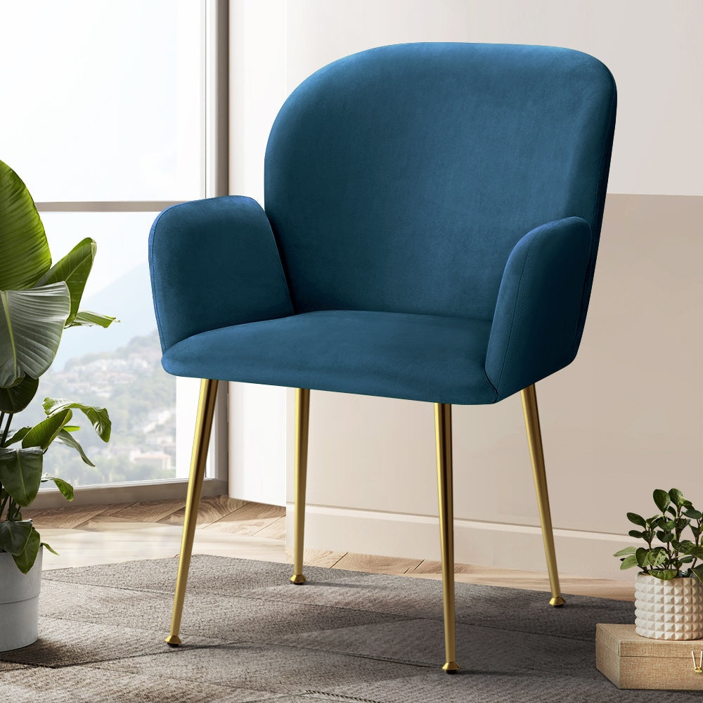 Artiss Set of 2 Velvet Upholstered Dining Chairs - Blue Armchairs for Kitchen, Cafe & Home Decor | Comfortable Modern Seating for Dining Room & Living Room