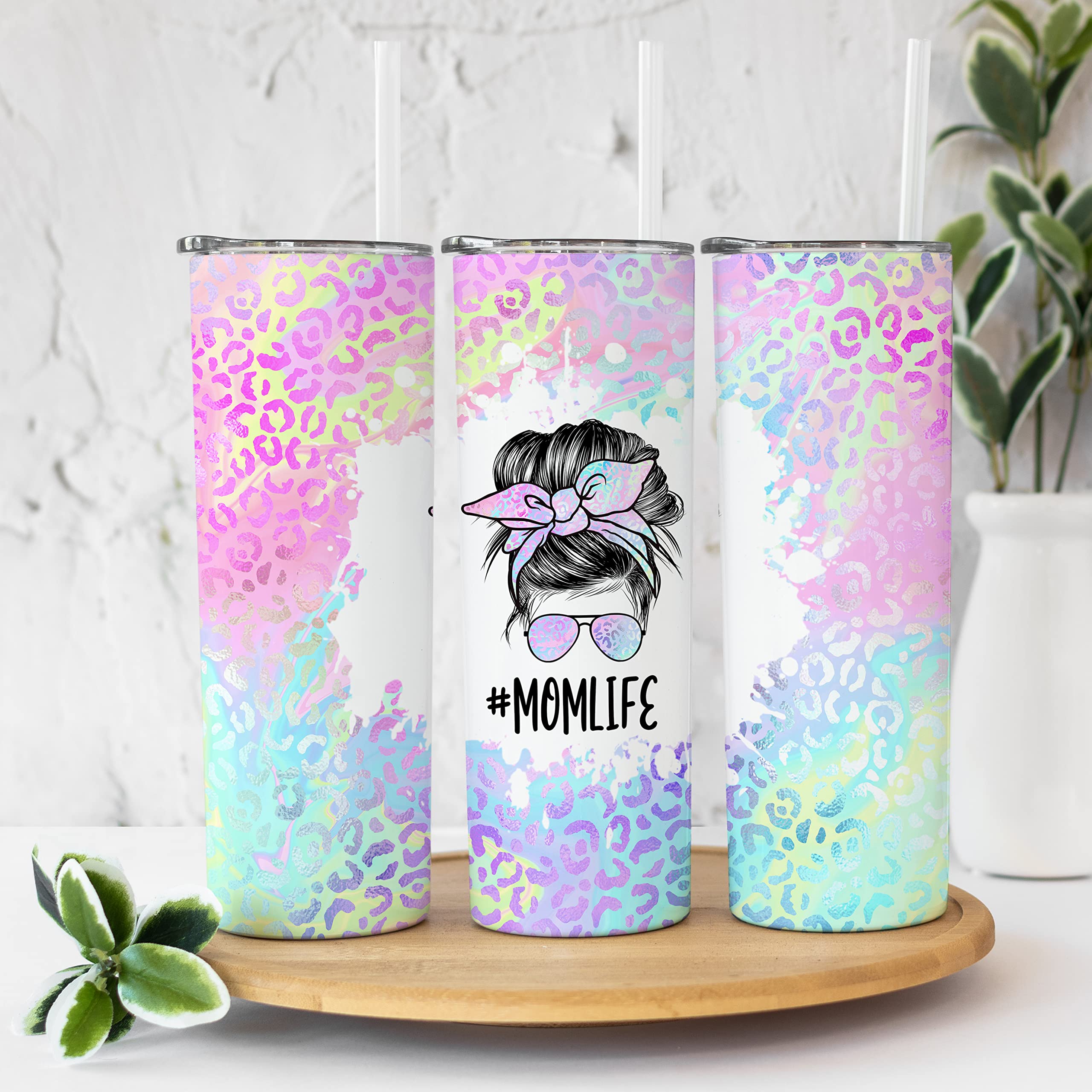 YouNique Designs 20oz Iridescent Leopard Print Stainless Steel Tumbler with Straw & Lid - Insulated Skinny Coffee Cup for Women, Mom Life Travel Mug - Perfect for Coffee, Tea, Water & On-the-Go Use