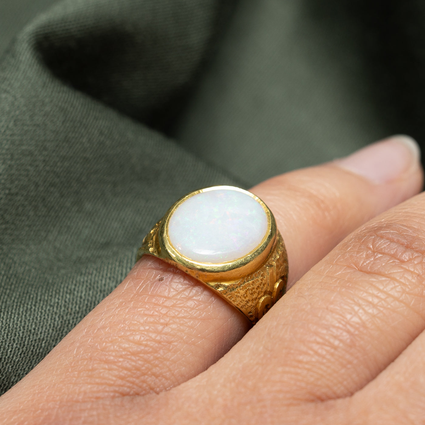 22K Gold Bezel Set Opal Engraved Ring - 2.50 Carat Natural Opal - Size 3.75 - Elegant Birthstone Jewelry for Women - Perfect for Anniversary, Birthday & Special Occasion Gifts
