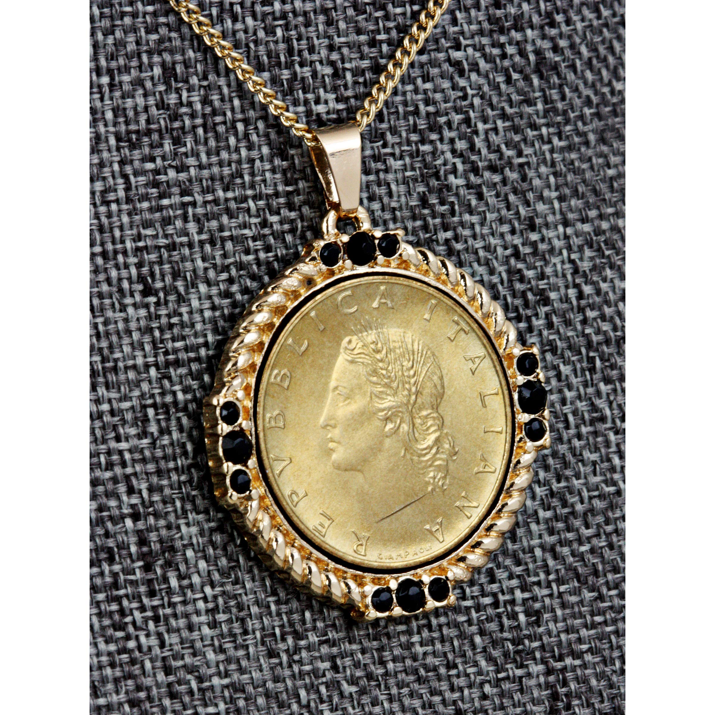 Italian 20 Lira Coin Pendant Necklace - Goldtone Vintage Coin Jewelry with Faceted Jet Glass Stones | Italian Medallion Necklace for Women | Perfect Gift for Anniversary, Birthday & Special Occasions